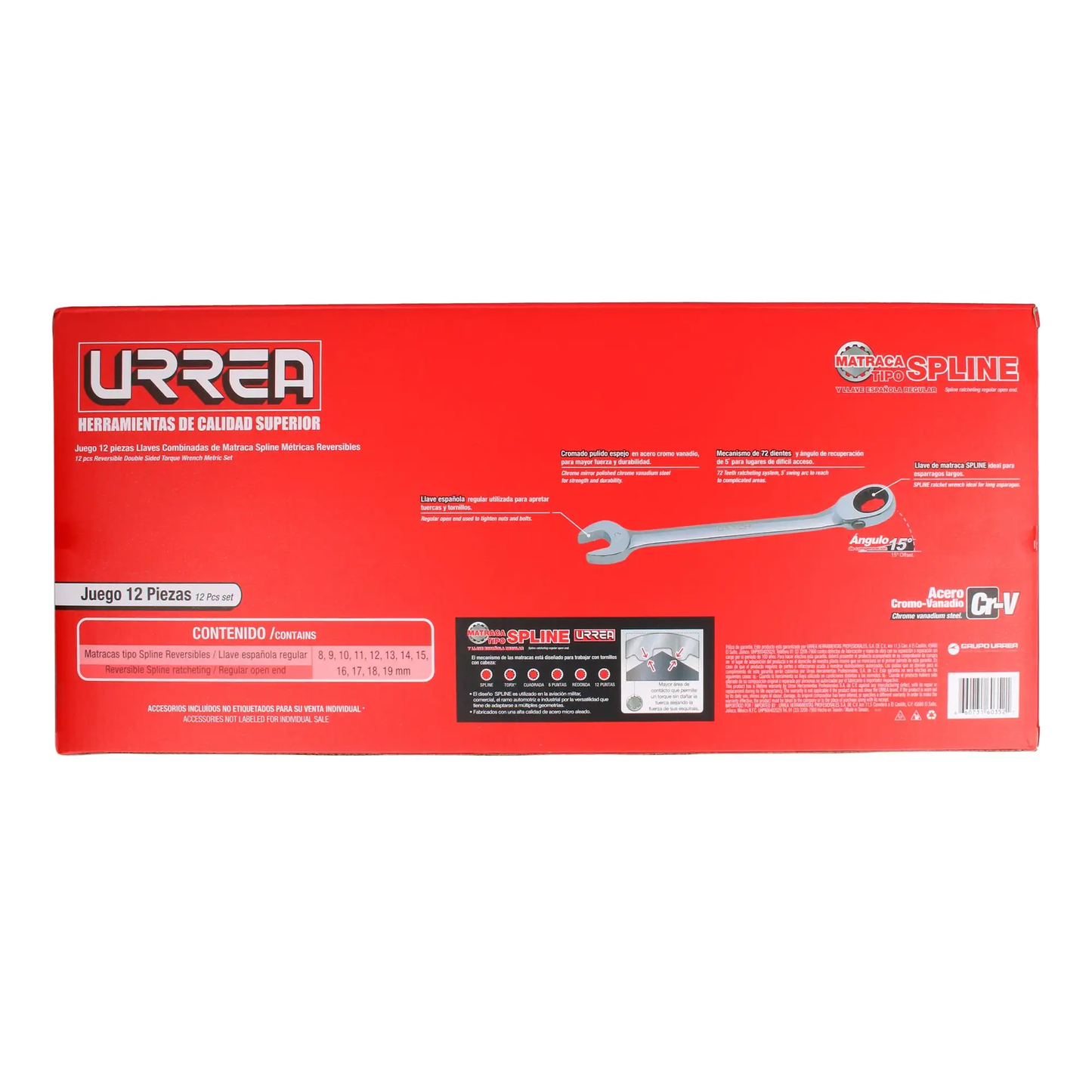 JLMC12MR Juego de llaves combinadas con ratchet spline 12 piezas 8 a 19 mm en caja, uso pesado, Urrea