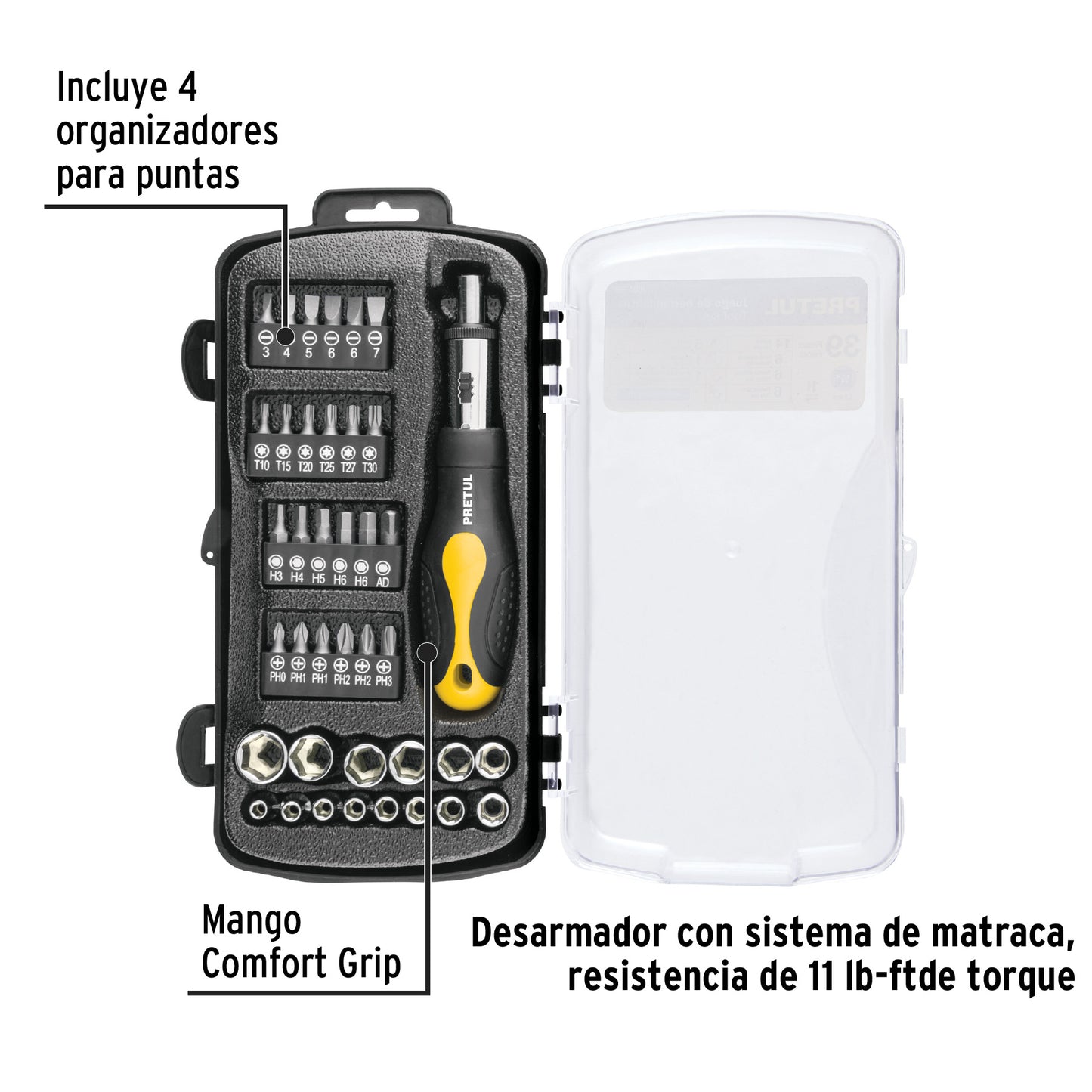 JUDA-39P Juego de ratchet, copas y puntas, 39 piezas, Pretul