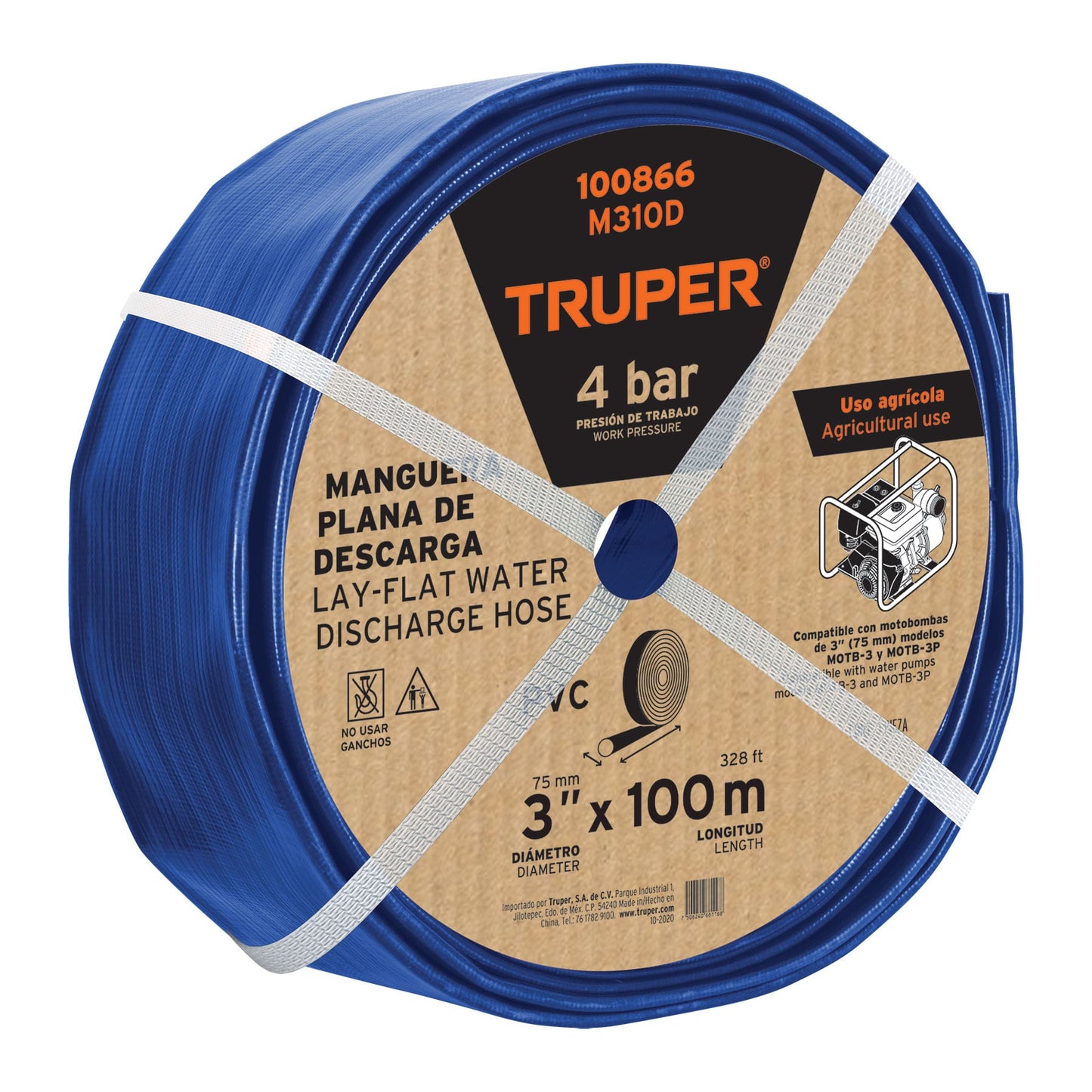 M310D Manguera plana para descarga de agua, PVC flexible, 3' x 100 m