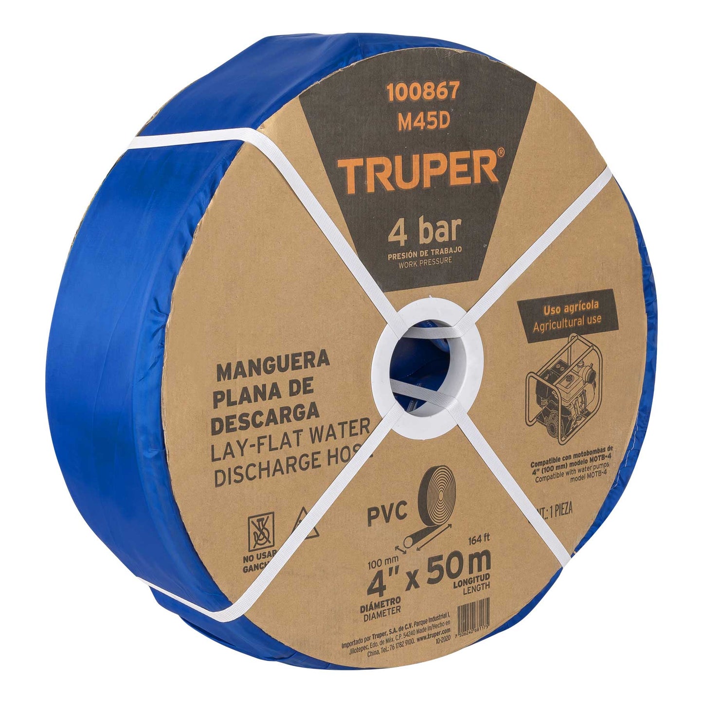 M45D Manguera plana p/descarga de agua, PVC flexible, 4' x 50 m