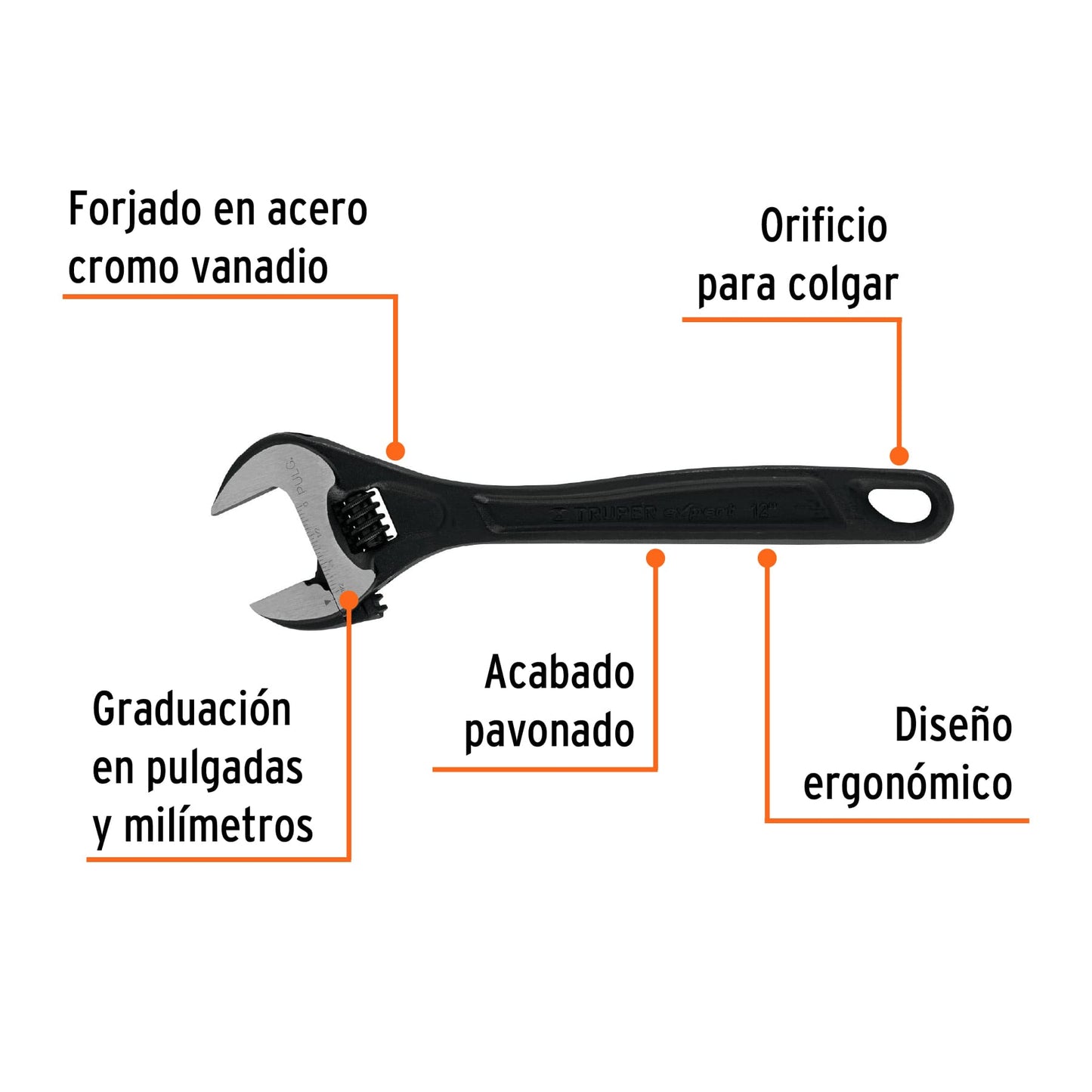 PET-12 Llave expansiva profesional, pavonada 12", Truper Expert