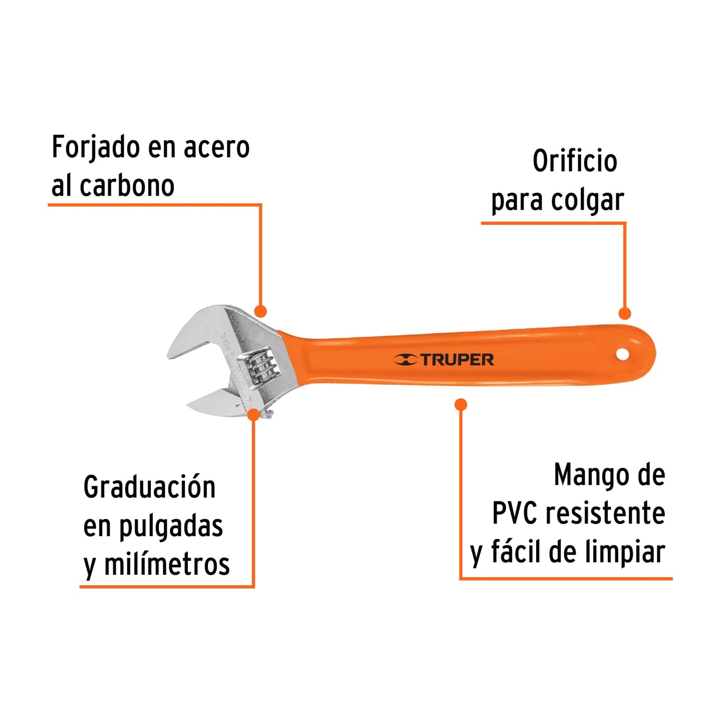 PET-15X Llave ajustable (perico), cromado 15', mango de PVC