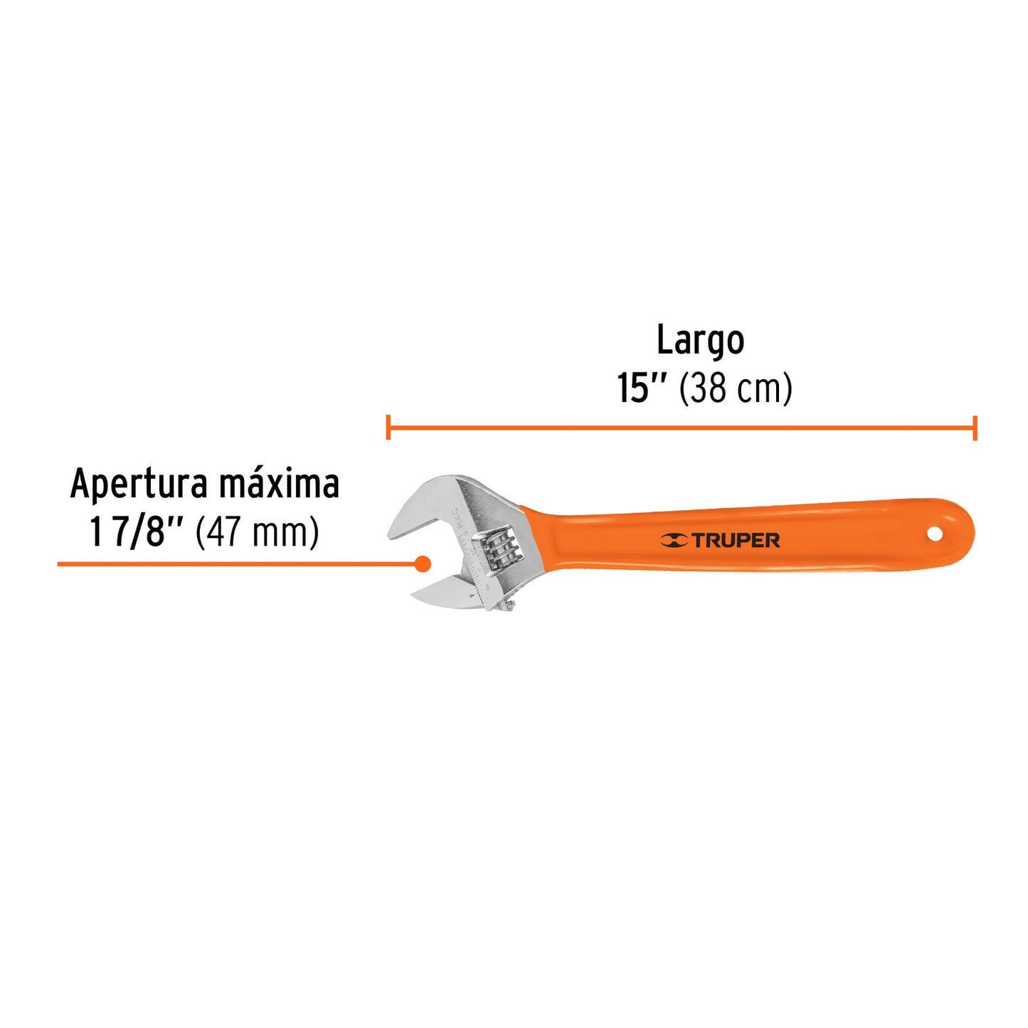 PET-15X Llave ajustable (perico), cromado 15', mango de PVC