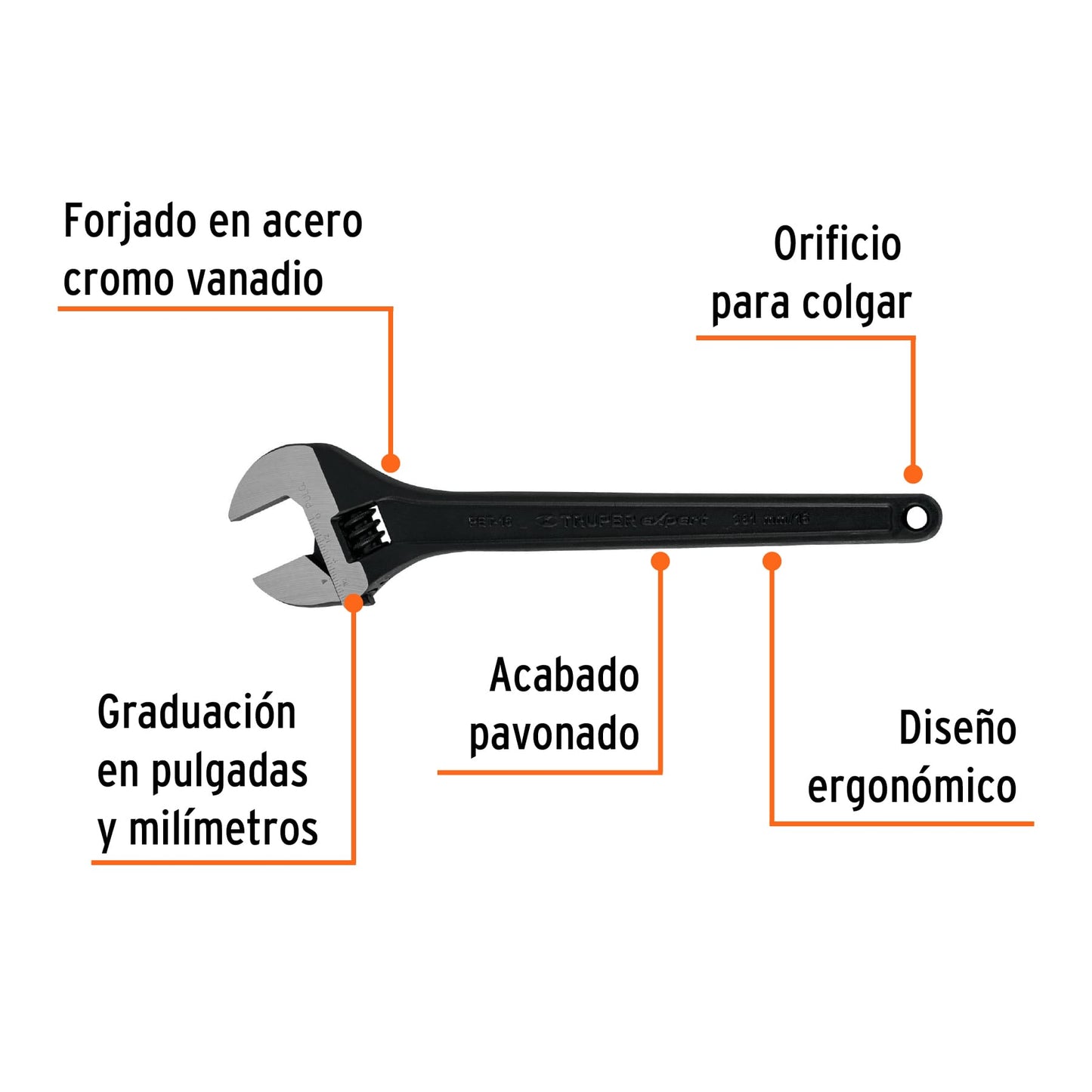 PET-15 Llave expansiva profesional, pavonada 15", Truper Expert