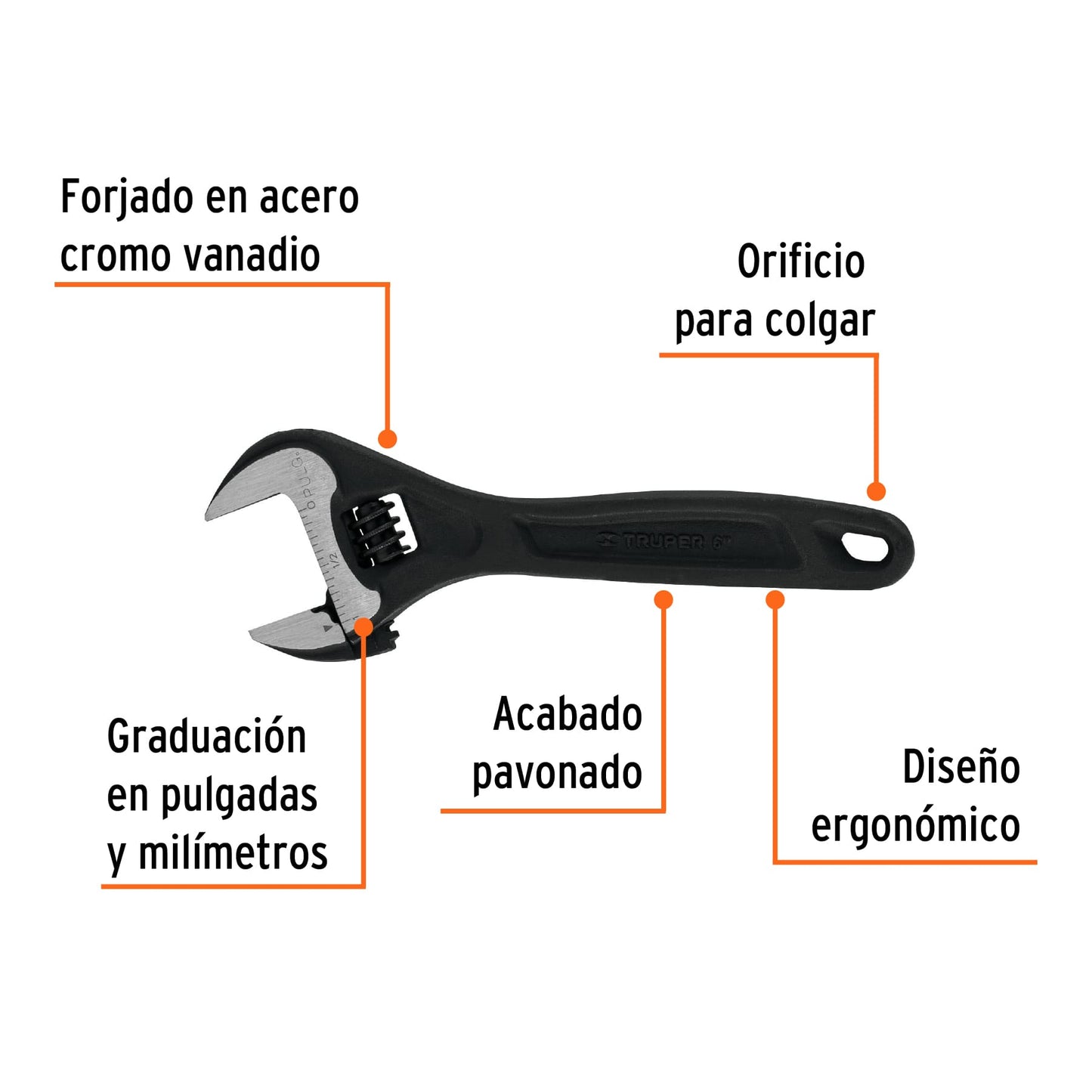 PET-6 Llave expansiva profesional, pavonada 6", Truper Expert