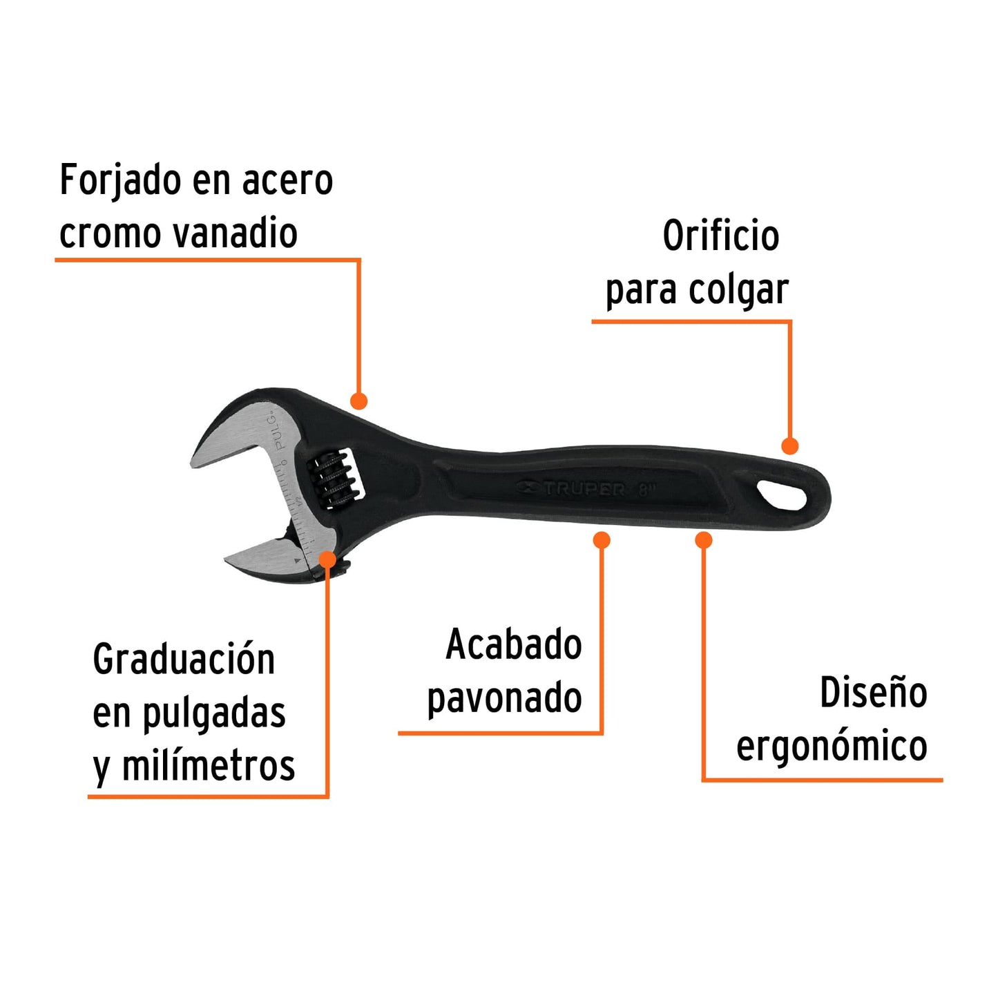 PET-8 Llave expansiva profesional, pavonada 8", Truper Expert