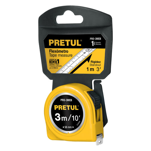 PRO-3MEB Flexómetro, amarillo, 3m, cinta 1/2", Pretul, tarjeta plástica