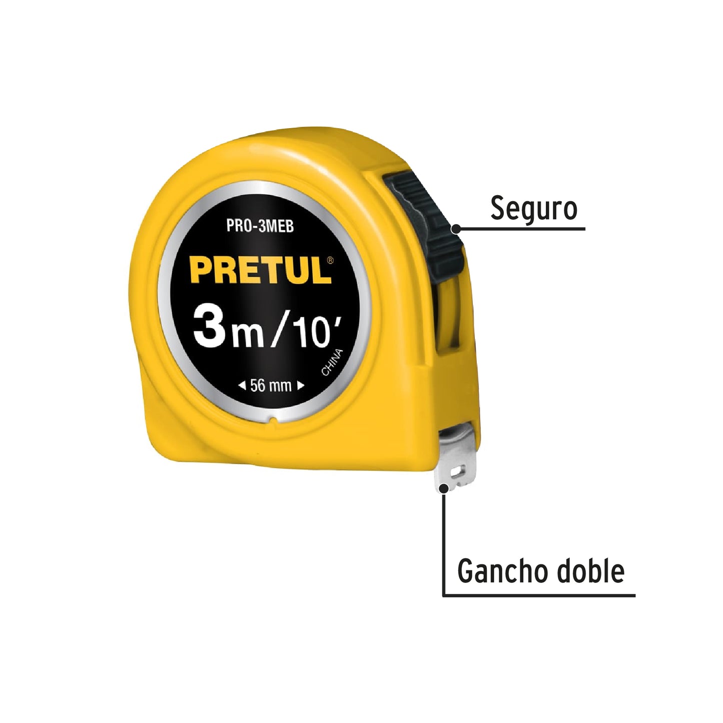 PRO-3MEB Flexómetro, amarillo, 3m, cinta 1/2", Pretul, tarjeta plástica