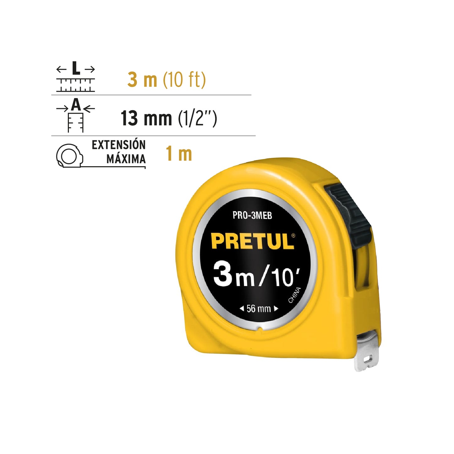 PRO-3MEB Flexómetro, amarillo, 3m, cinta 1/2", Pretul, tarjeta plástica