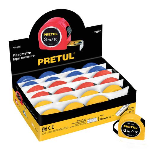 PRO-3MEC Flexómetros 3 m, cinta 1/2" en display (box 24 pzas), Pretul