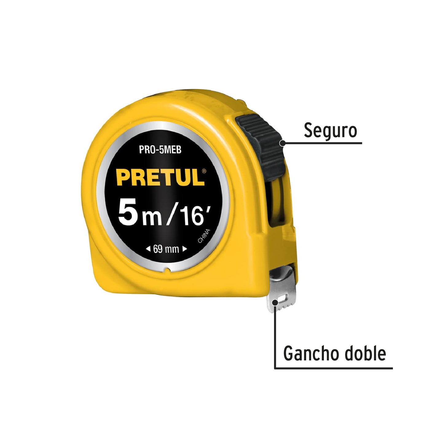 PRO-5MEB Flexómetro, amarillo, 5m,cinta 3/4", Pretul,tarjeta plástica