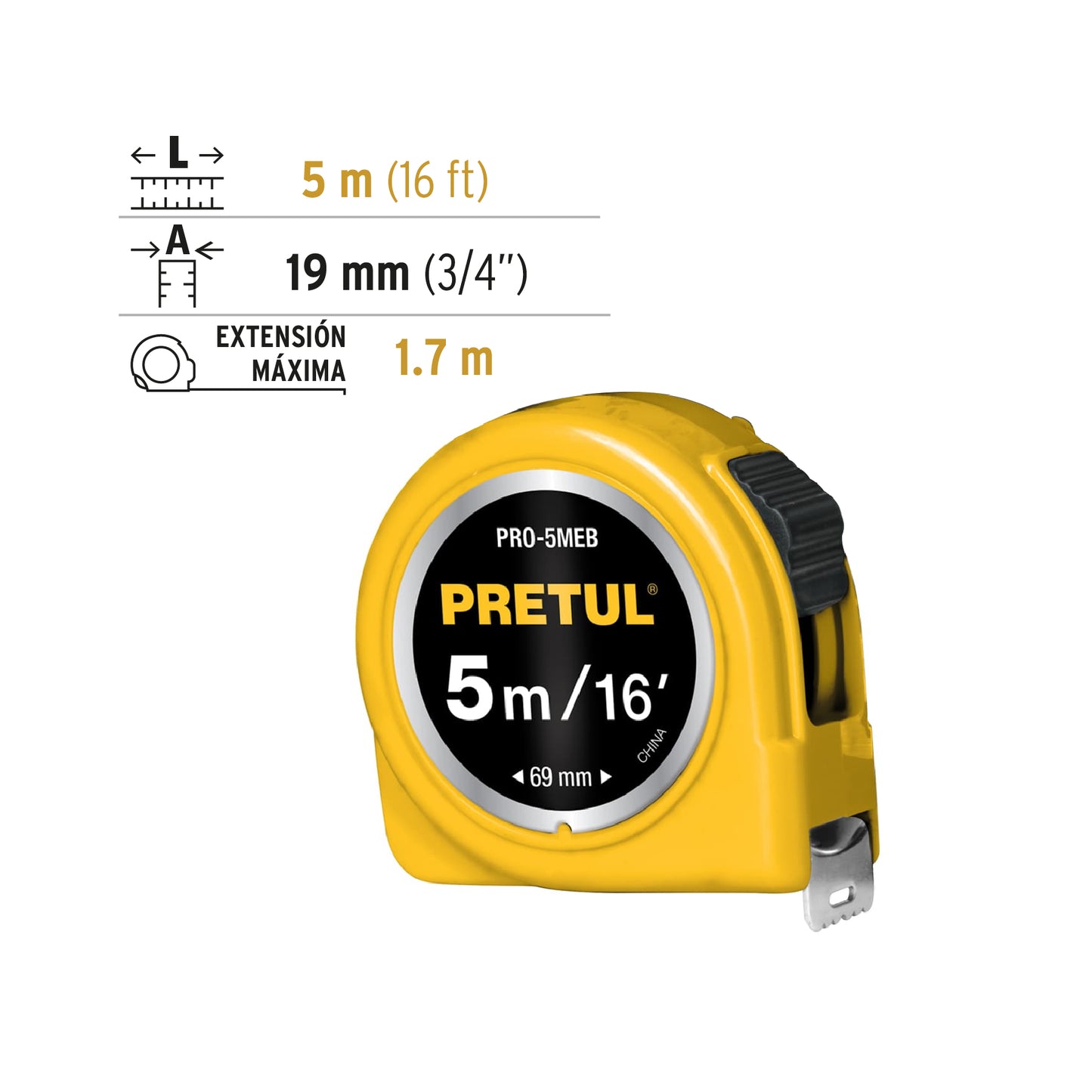 PRO-5MEB Flexómetro, amarillo, 5m,cinta 3/4", Pretul,tarjeta plástica