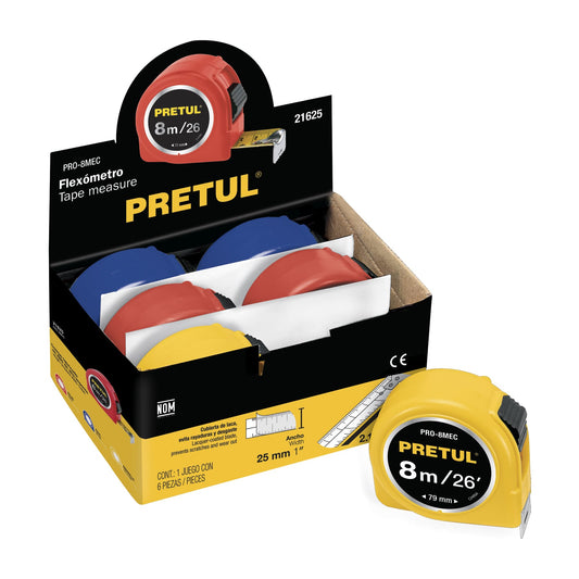 PRO-8MEC Flexómetros 8 m, cinta 1" en display (box 6 pzas), Pretul
