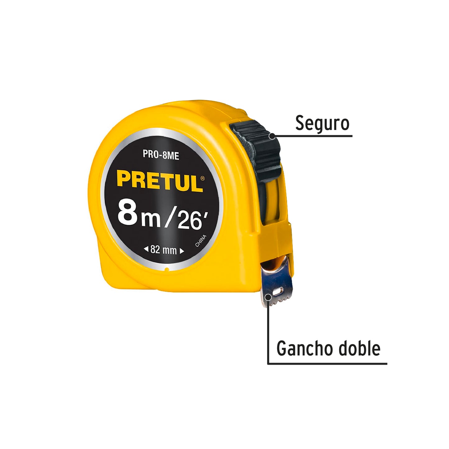 PRO-8ME Flexómetro, amarillo, 8m, cinta 1", Pretul, tarjeta plást
