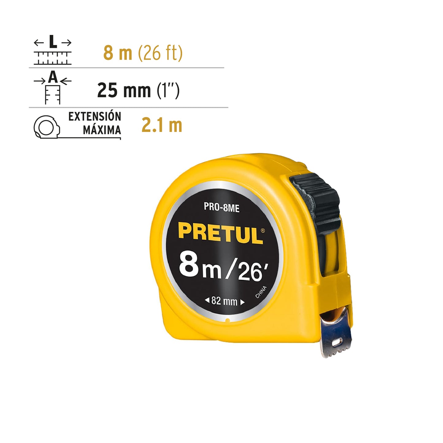 PRO-8ME Flexómetro, amarillo, 8m, cinta 1", Pretul, tarjeta plást