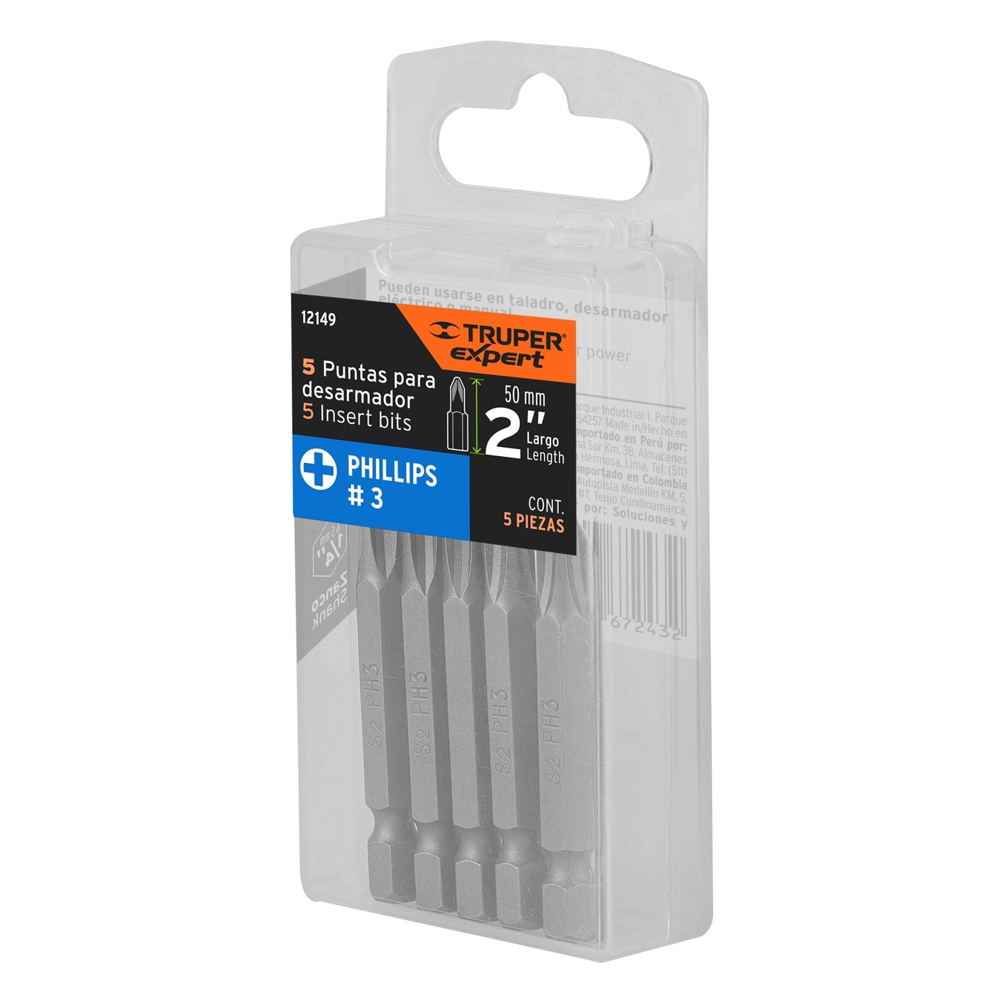 PUDE-1203 Puntas Phillips #3, 2', estuche con 5 piezas, Expert