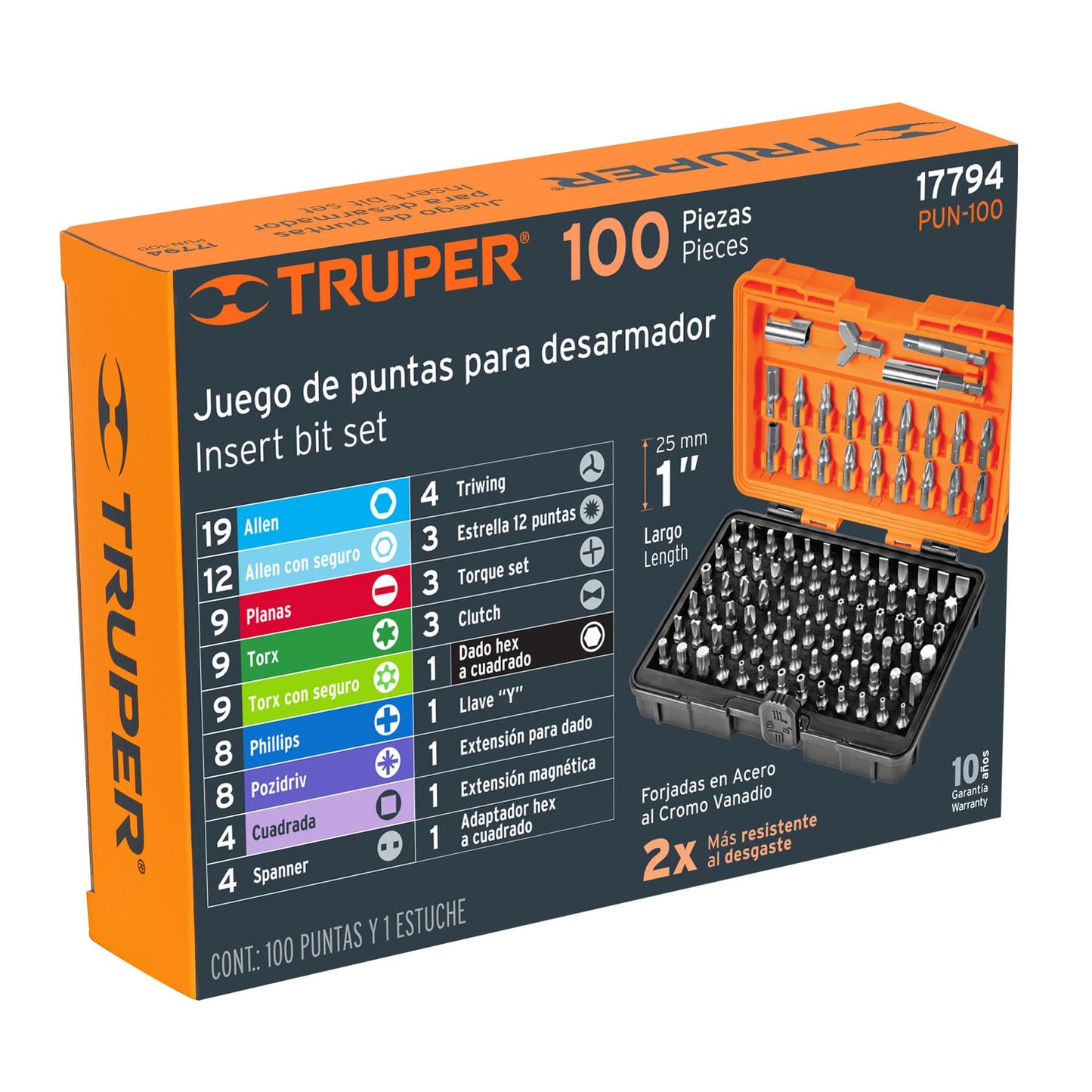 PUN-100 Juego 100 piezas, puntas de desarmador 1', con estuche