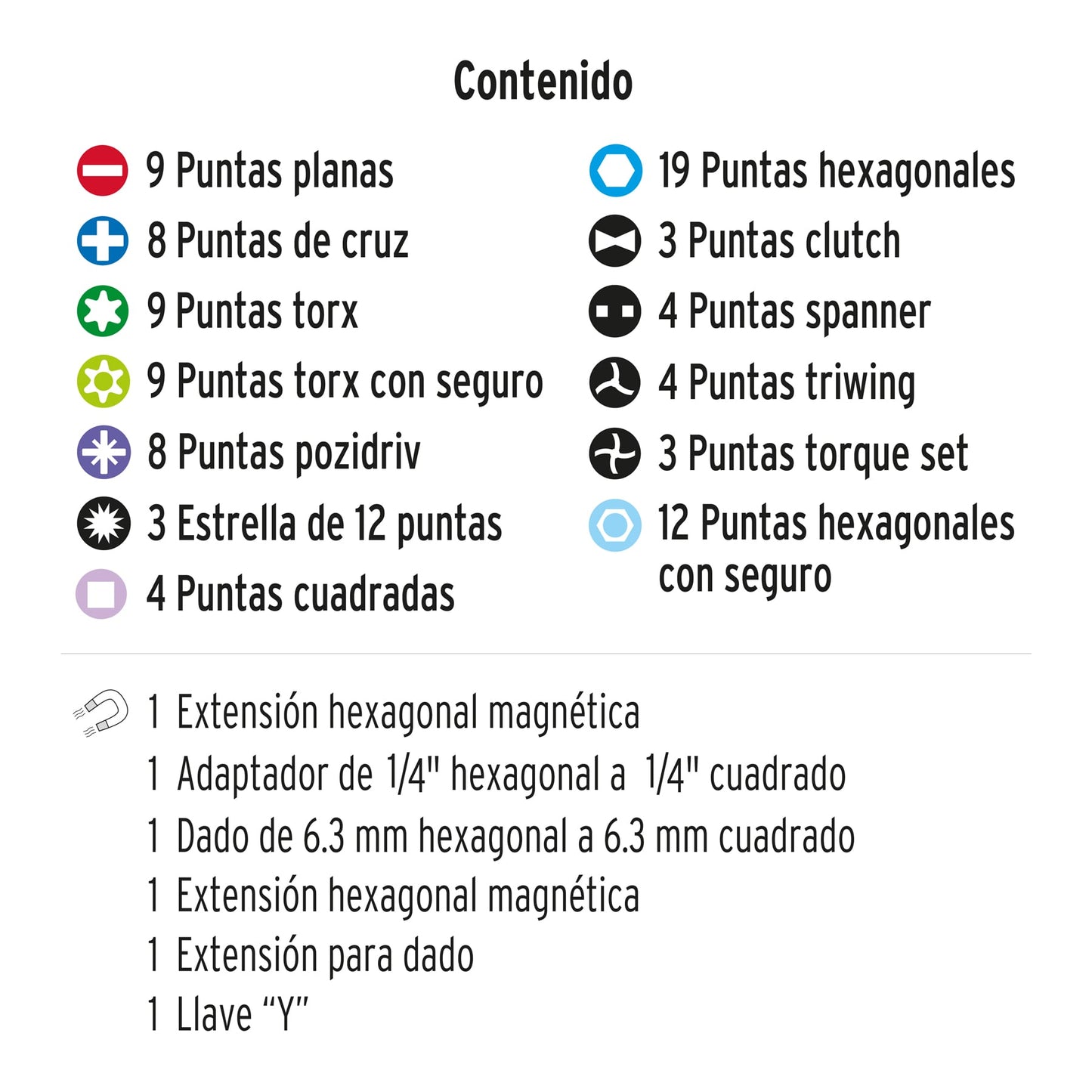 PUN-100 Juego 100 piezas, puntas de desarmador 1', con estuche