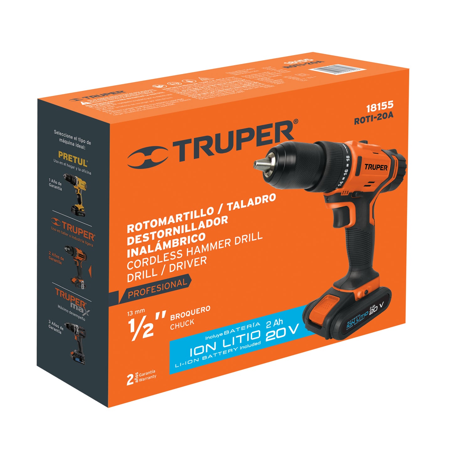 ROTI-18A2 Taladro percutor inalámbrico, batería ion litio, 18 V, 1/2"