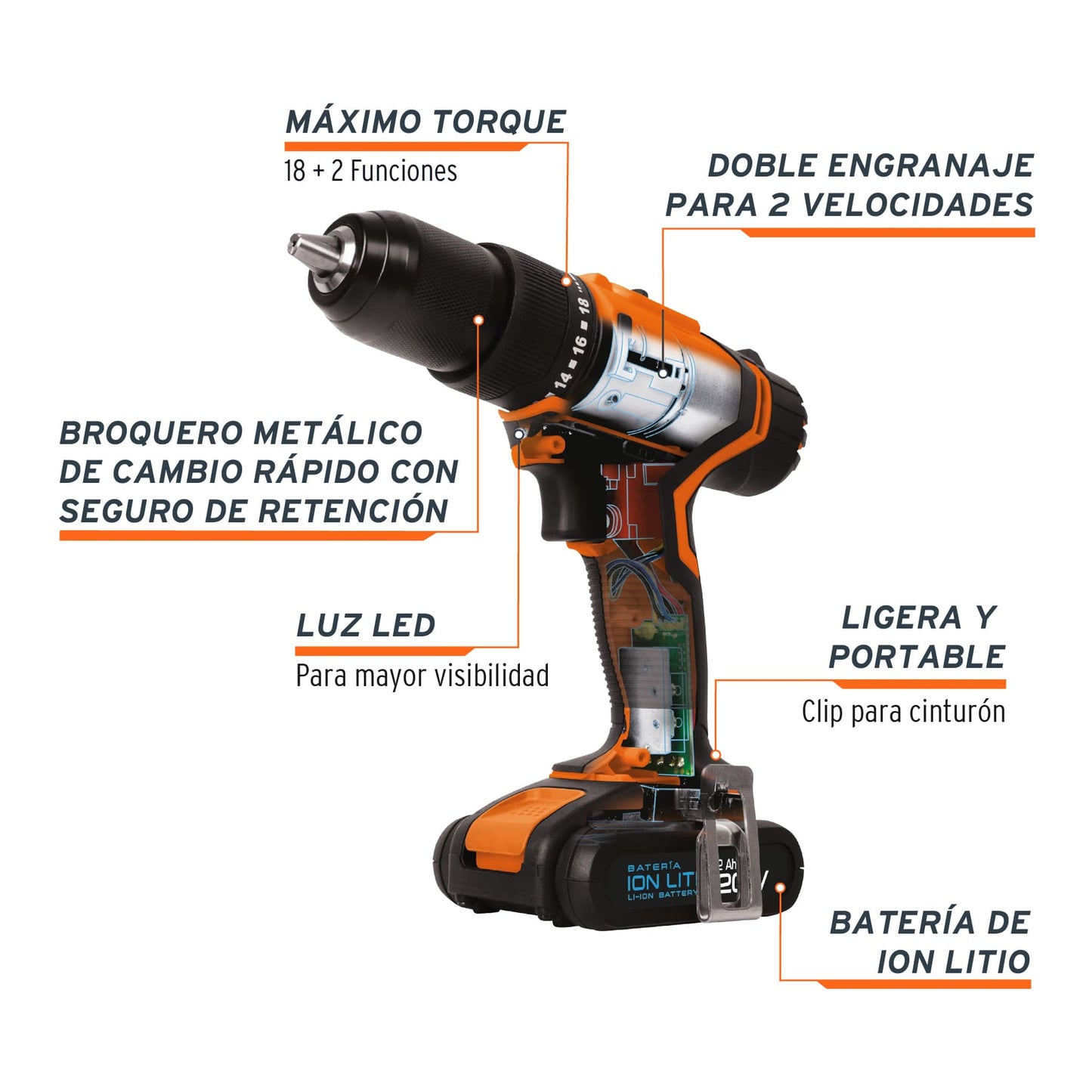 ROTI-18A2 Taladro percutor inalámbrico, batería ion litio, 18 V, 1/2"