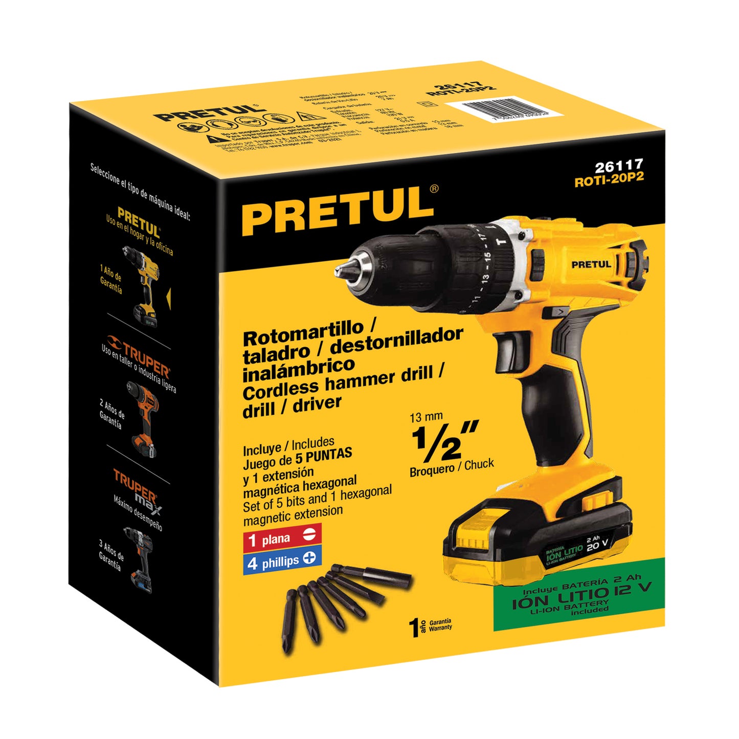ROTI-20P2 Taladro percutor inalámbrico 1/2',batería ion litio 20V,Pretul