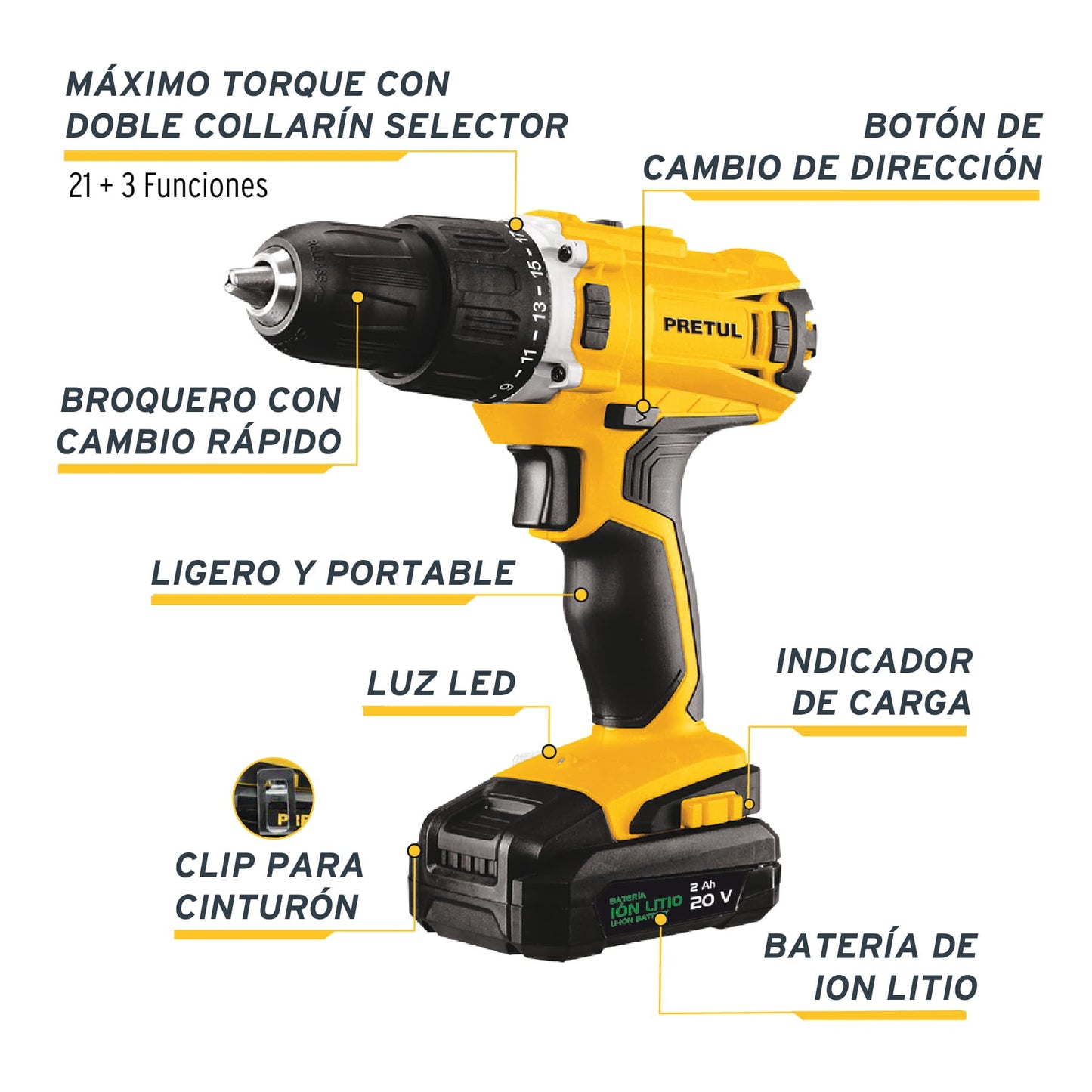 ROTI-20P2 Taladro percutor inalámbrico 1/2',batería ion litio 20V,Pretul