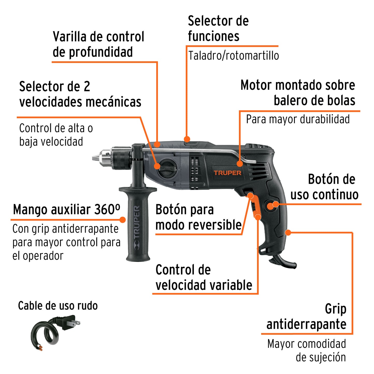 ROTO-1/2N7 Taladro percutor industrial  1/2" 900 W