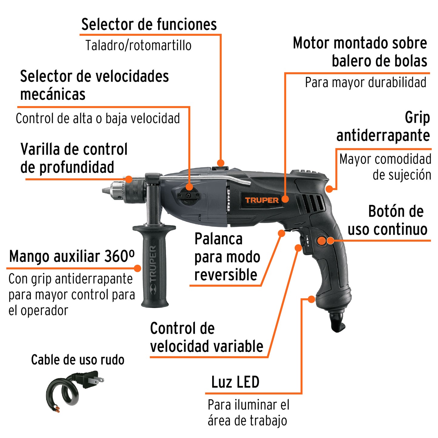 ROTO-1/2NX2 Taladro percutor 1/2", industrial, 1200 W
