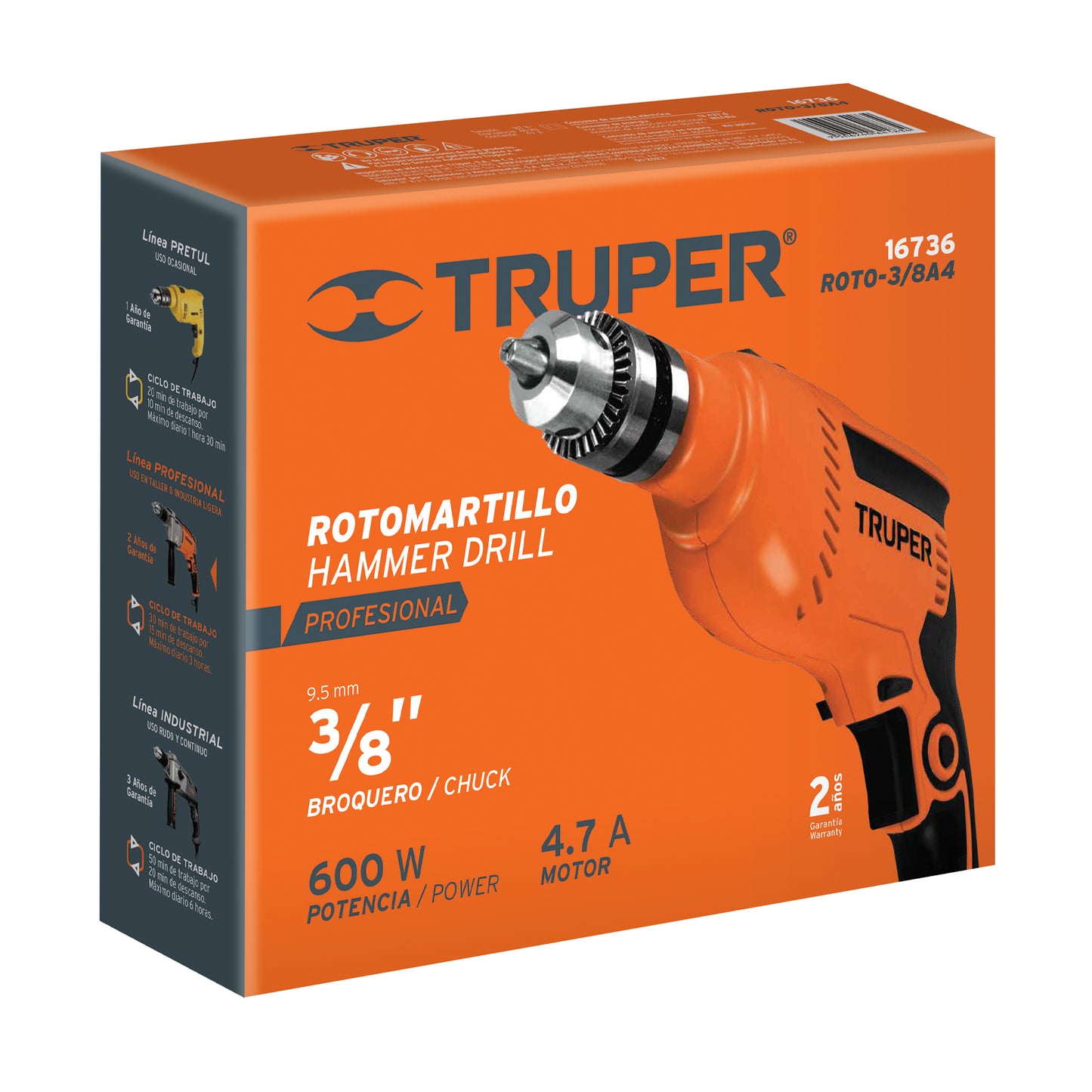 ROTO-3/8A4 Taladro percutor 3/8", profesional, 550 W