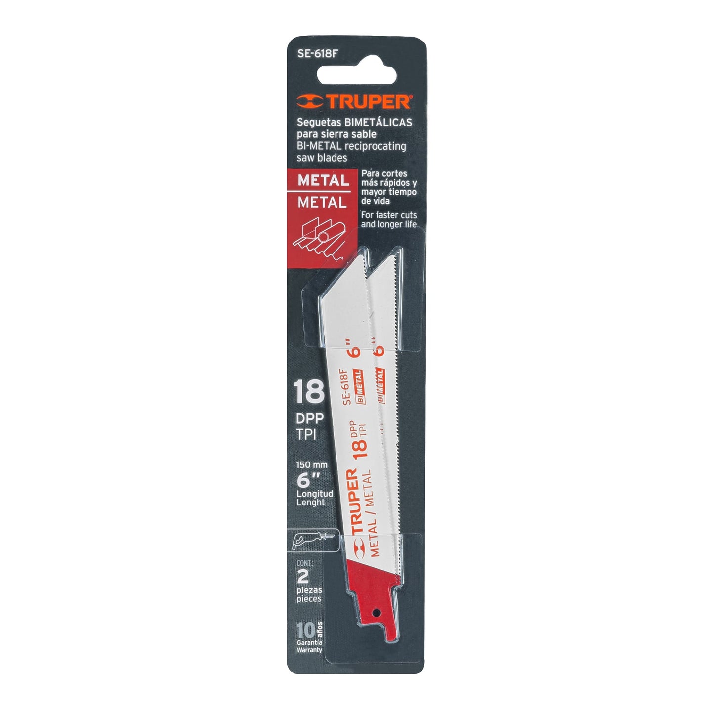 SE-618F Segueta sierra sable, 6', 18 DPP, recta para metales, 2 pzas