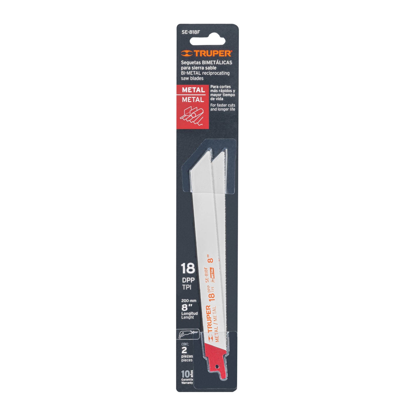 SE-818F Segueta sierra sable, 8', 18 DPP, recta para metales, 2 pzas