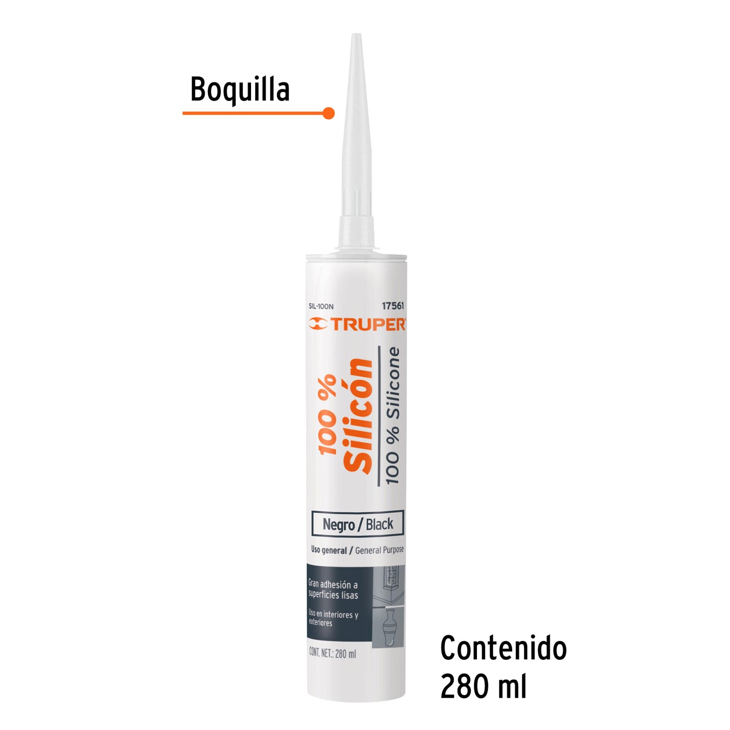 SIL-100N Sellador negro, 100% de silicón, 280 ml