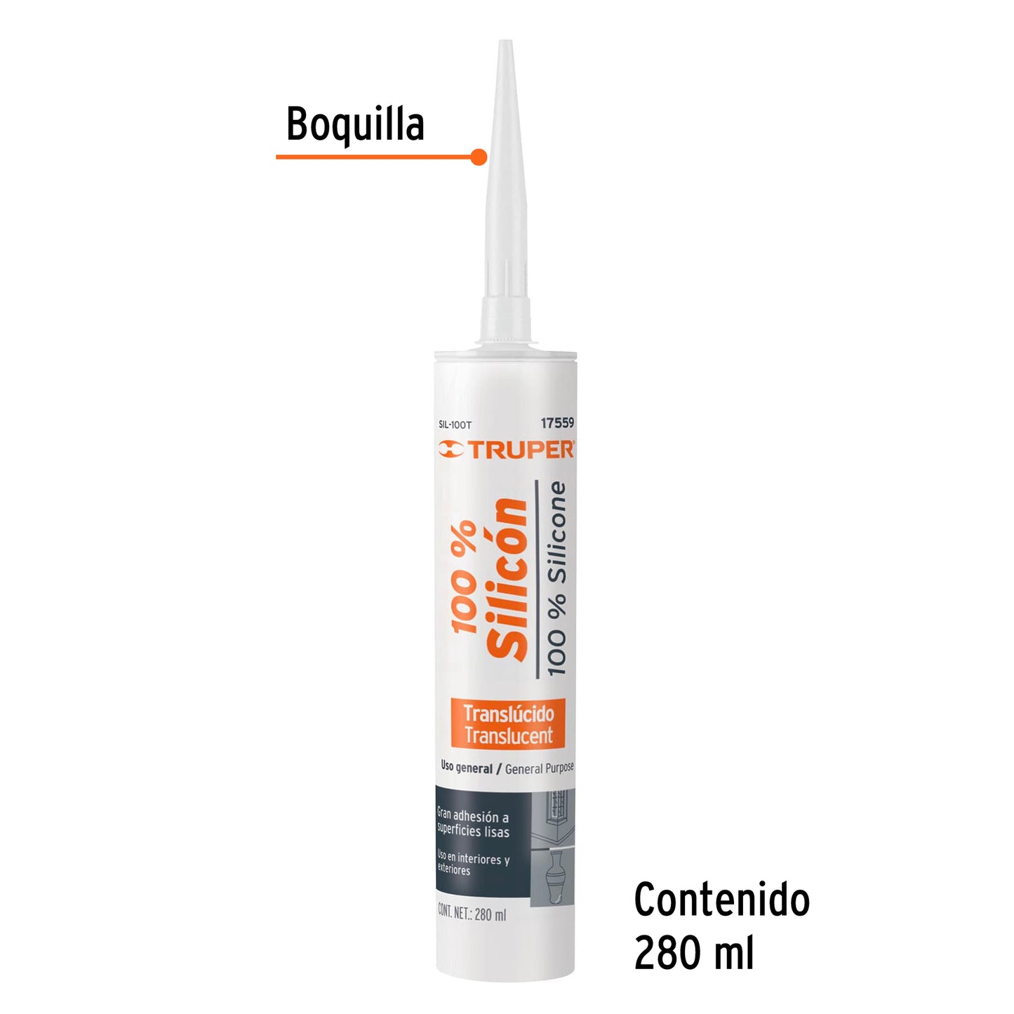 SIL-100T Sellador transparente, 100% de silicón, 280 ml
