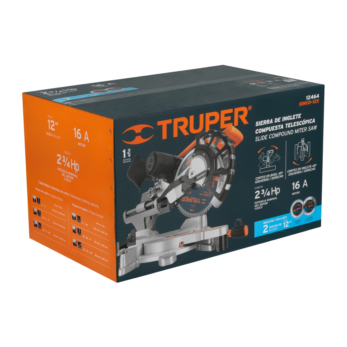 SINCO-12X Sierra de inglete para corte en madera, 12", telescópica