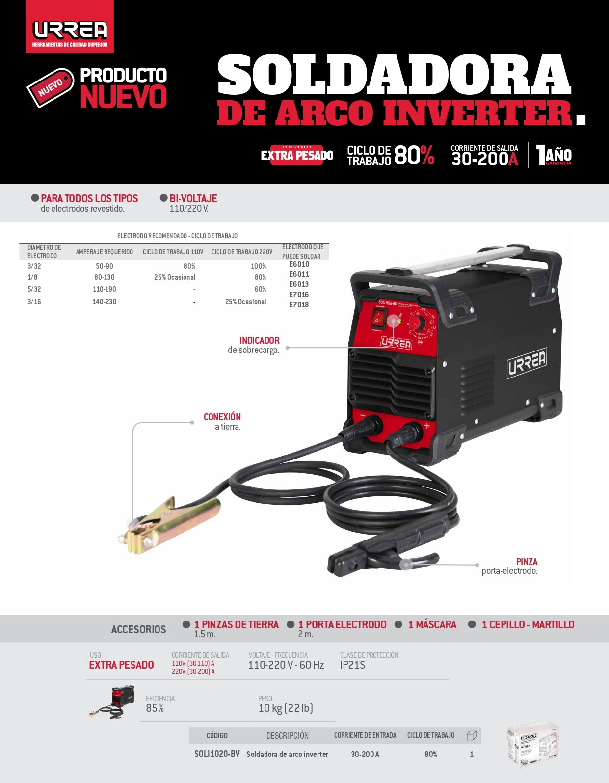 SOLI1020-BV Soldador inversor 110-220V 200A ciclo 80%