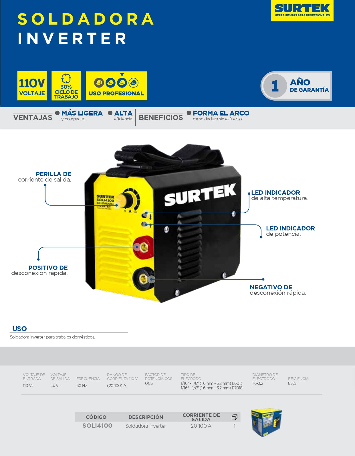 SOLI4100 Soldador inversor 110V 100A