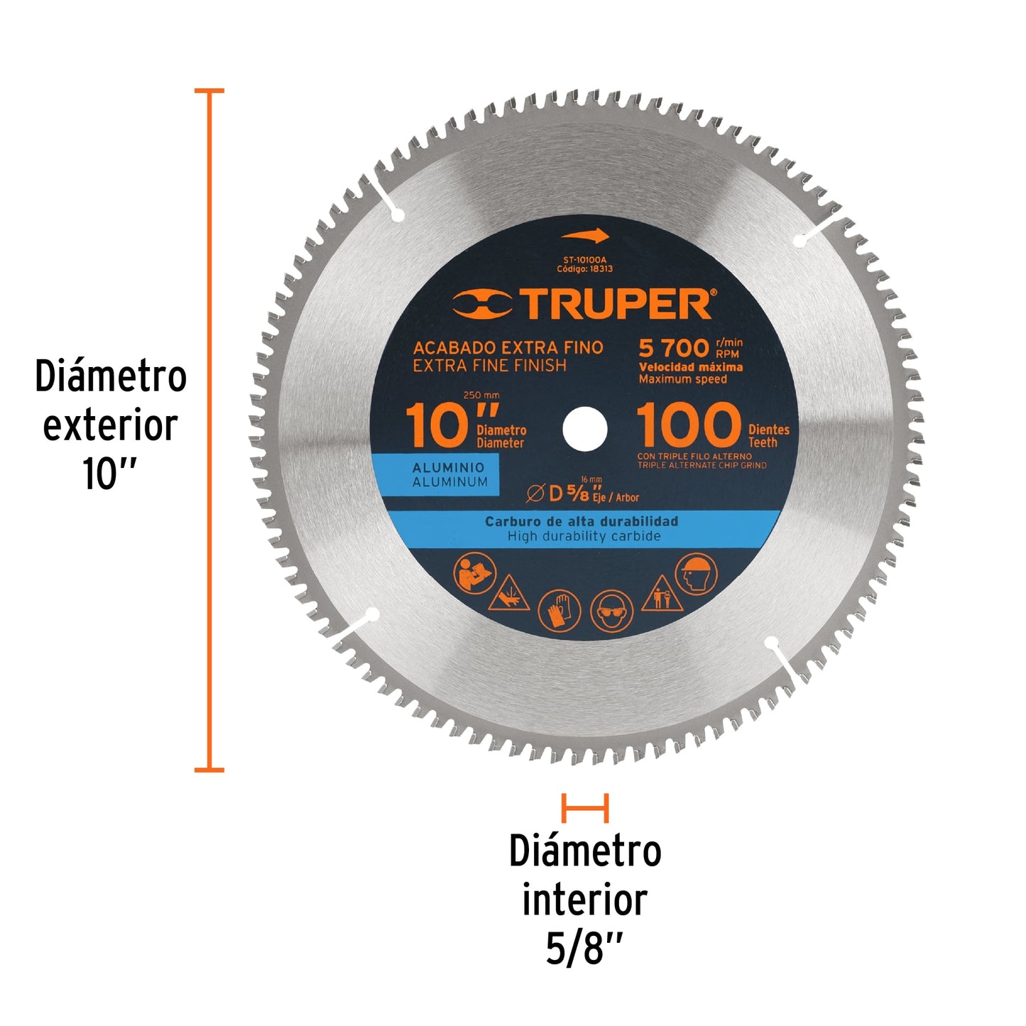 ST-10100A Disco sierra p/aluminio 10", 100 dientes, centro 5/8"