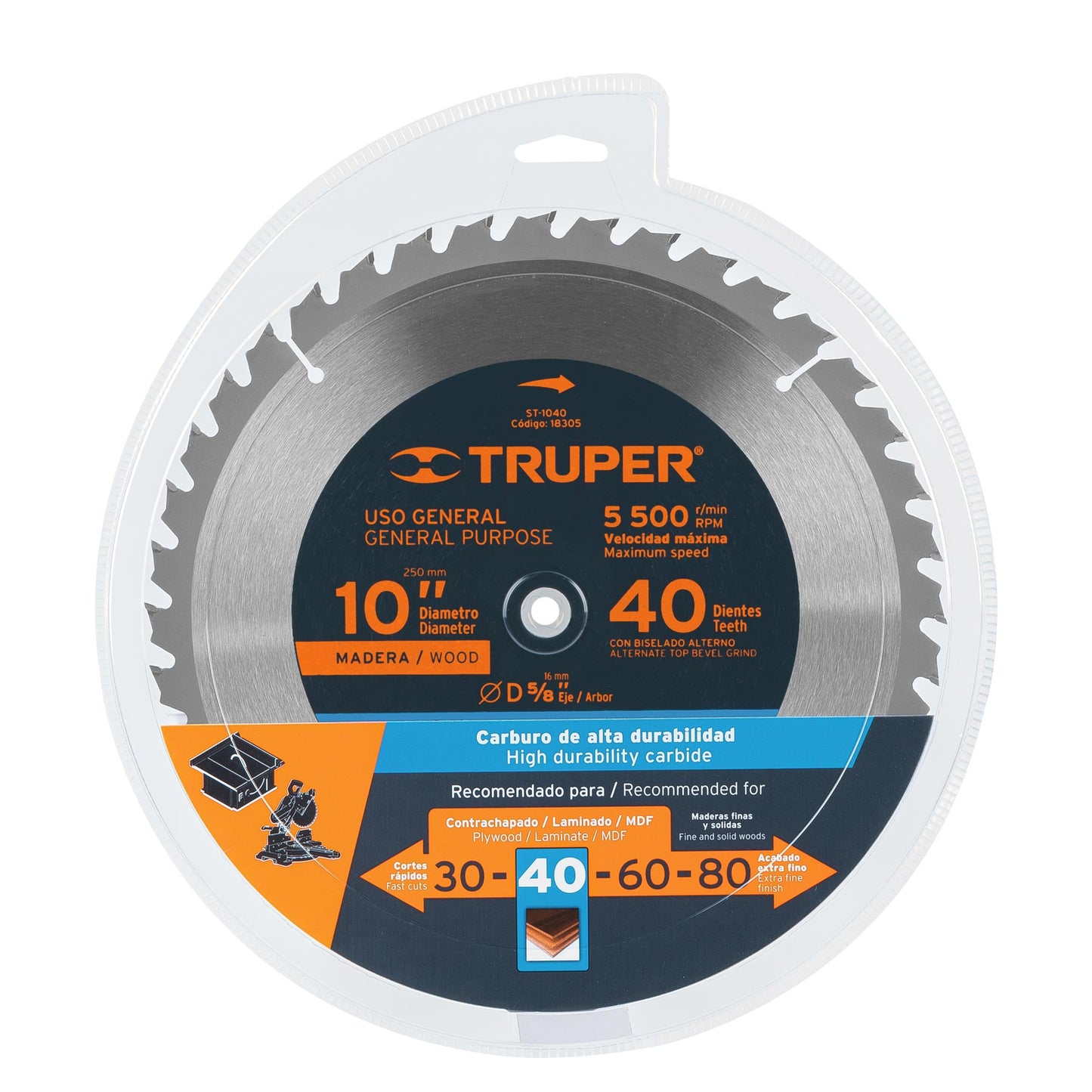 ST-1040 Disco sierra p/madera 10", 40 dientes, centro 5/8"