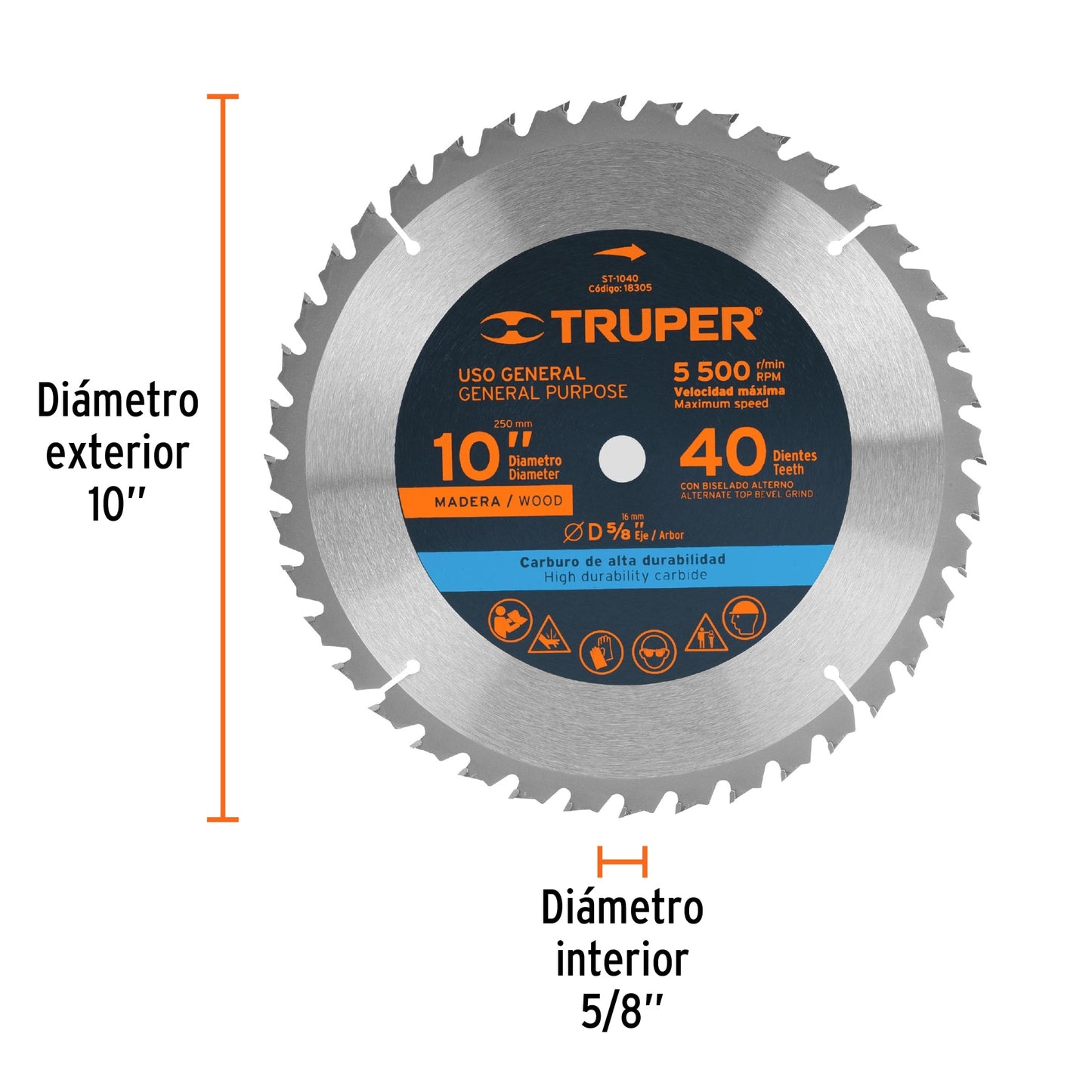 ST-1040 Disco sierra p/madera 10", 40 dientes, centro 5/8"
