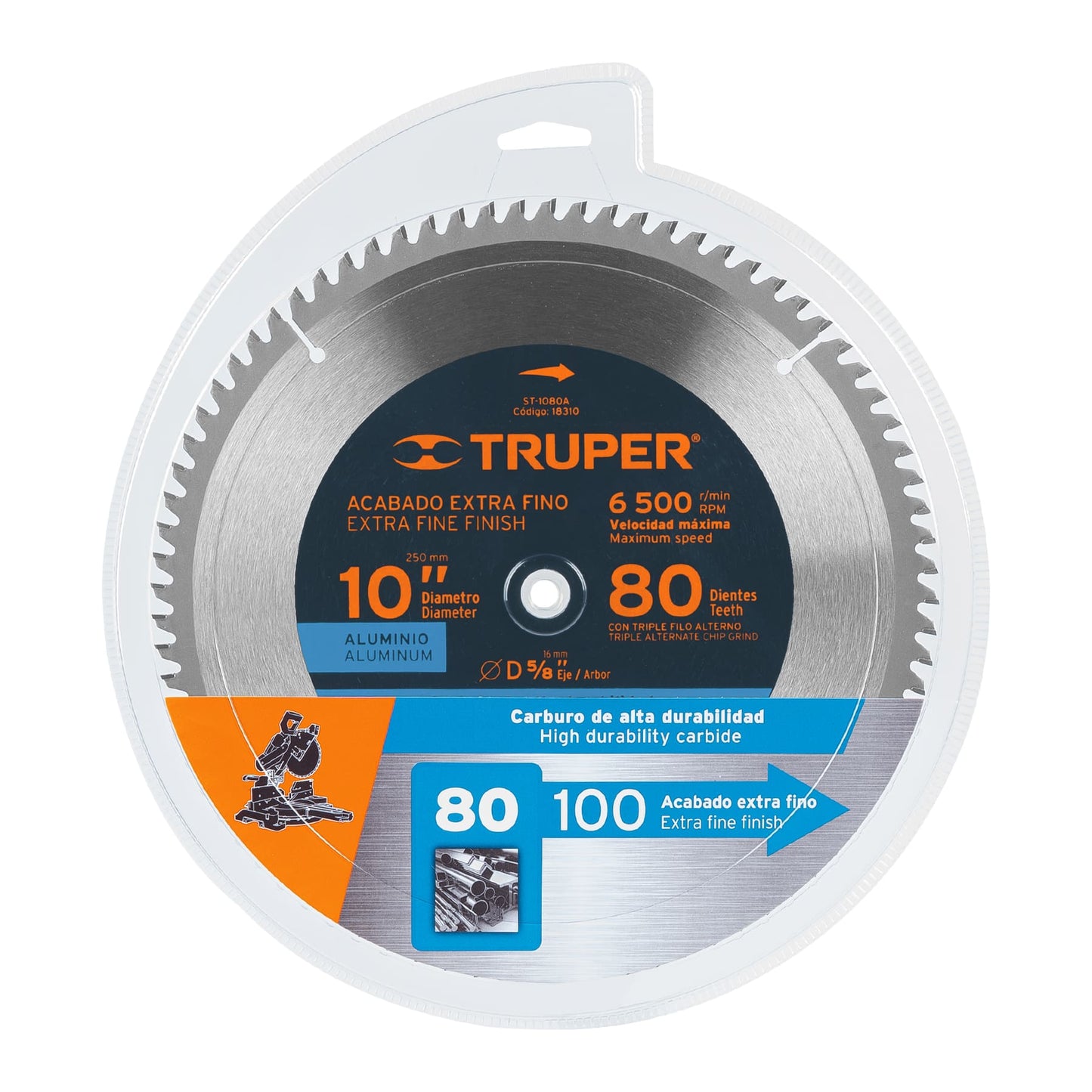 ST-1080A Disco sierra p/aluminio 10", 80 dientes, centro 5/8"