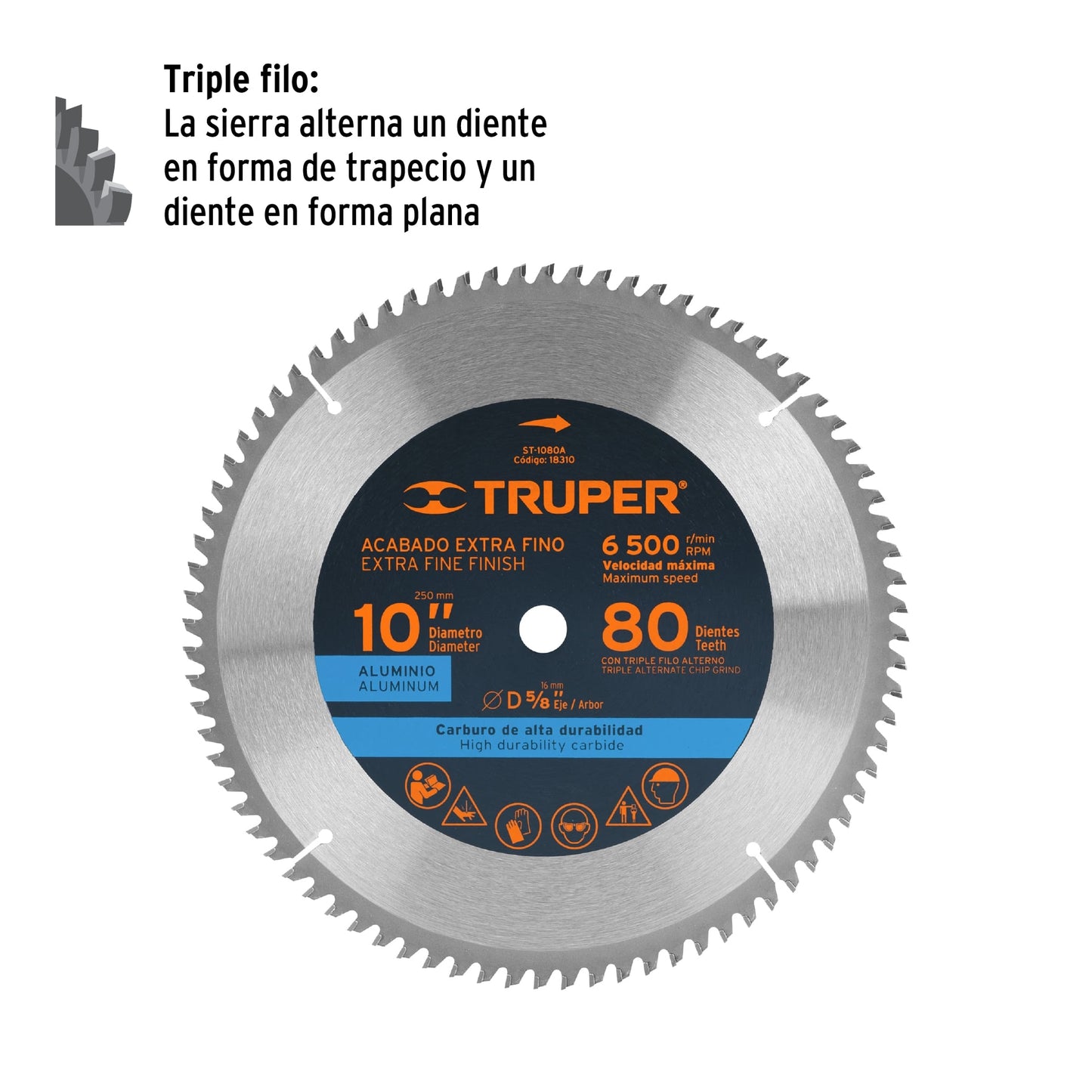 ST-1080A Disco sierra p/aluminio 10", 80 dientes, centro 5/8"