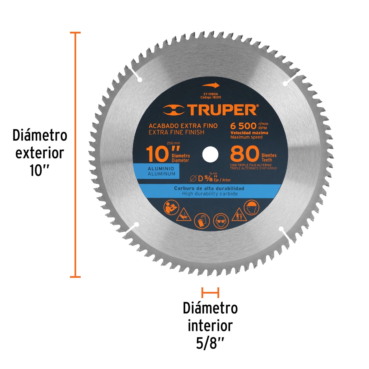 ST-1080A Disco sierra p/aluminio 10", 80 dientes, centro 5/8"