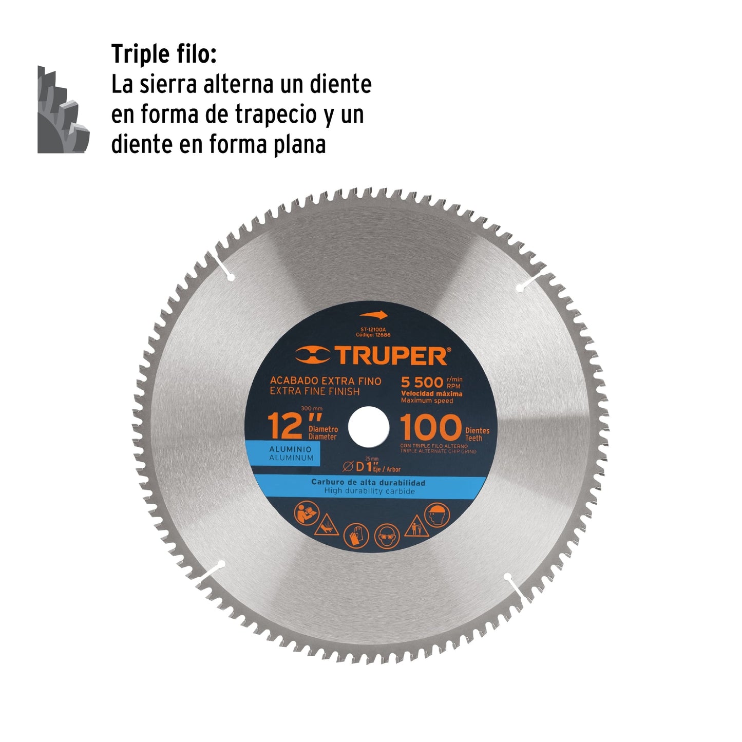 ST-12100A Disco sierra p/aluminio 12", 100 dientes, centro 1"