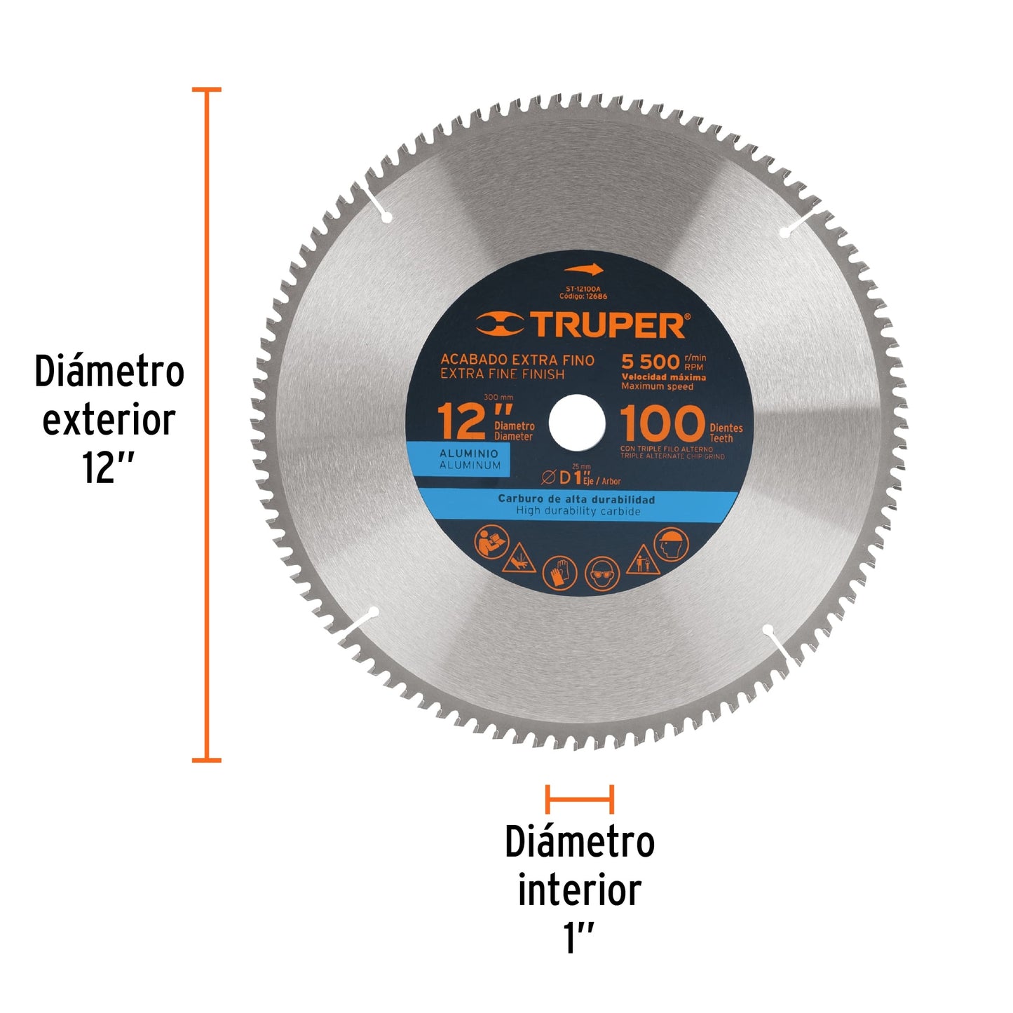 ST-12100A Disco sierra p/aluminio 12", 100 dientes, centro 1"