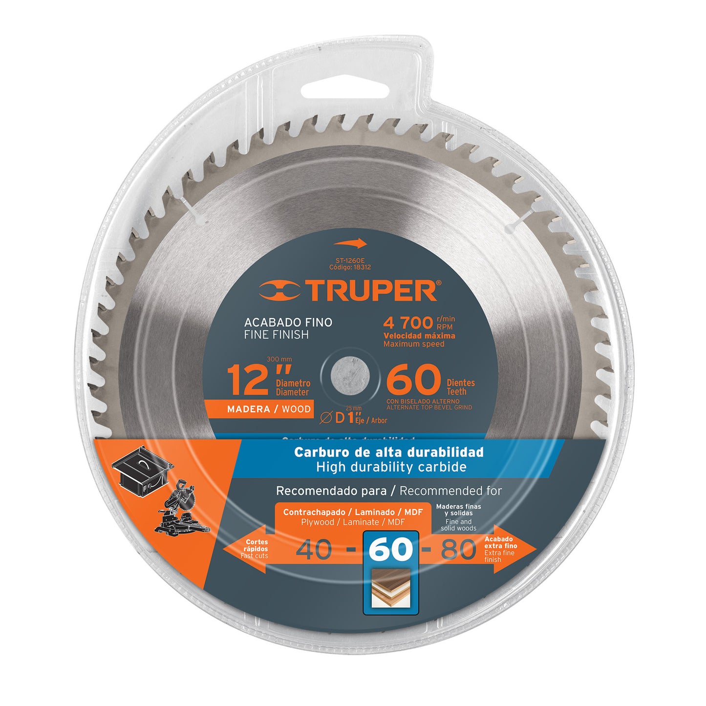 ST-1260E Disco sierra p/madera 12", 60 dientes, centro 1"