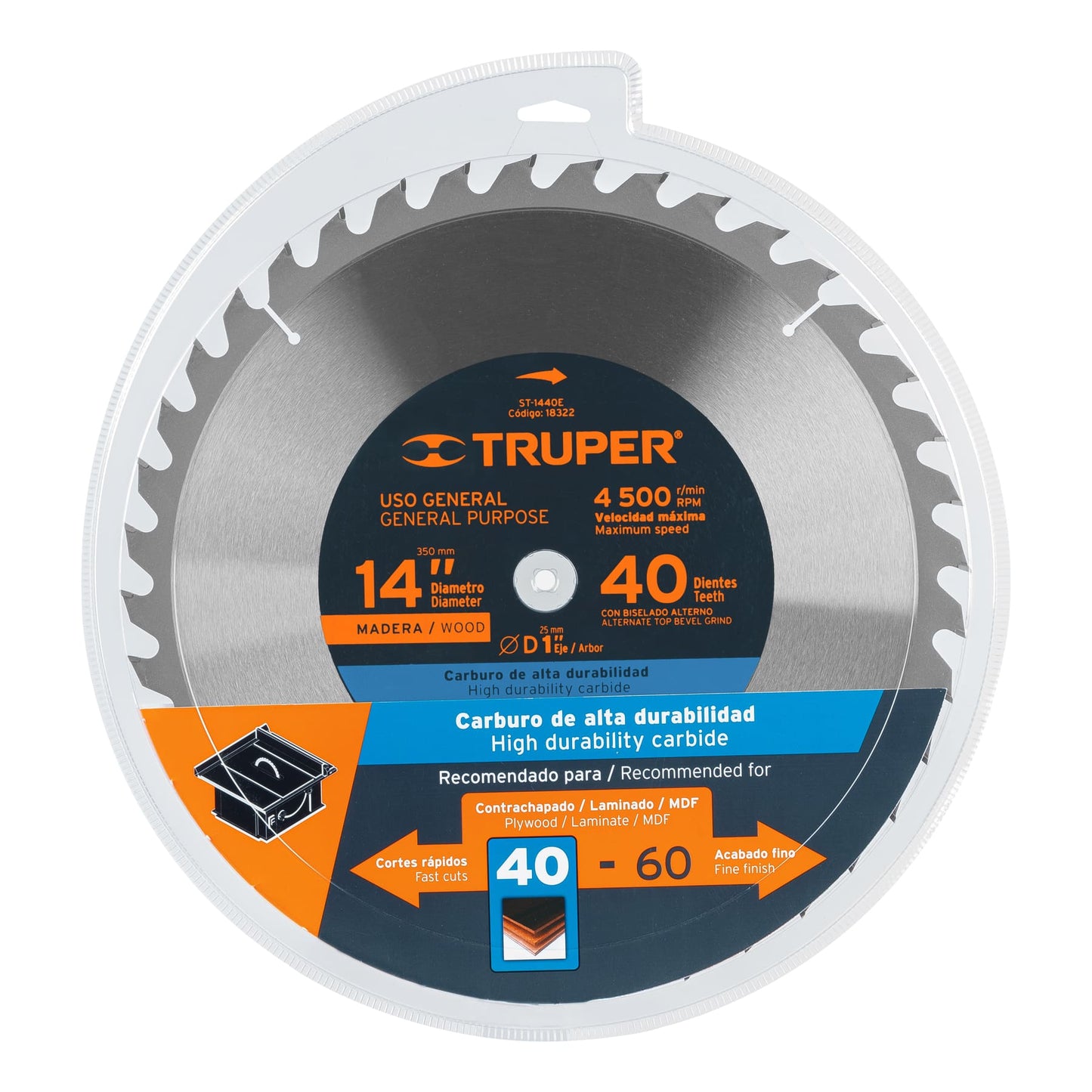 ST-1440E Disco sierra tungsteno 14", 40 dientes, centro 1"
