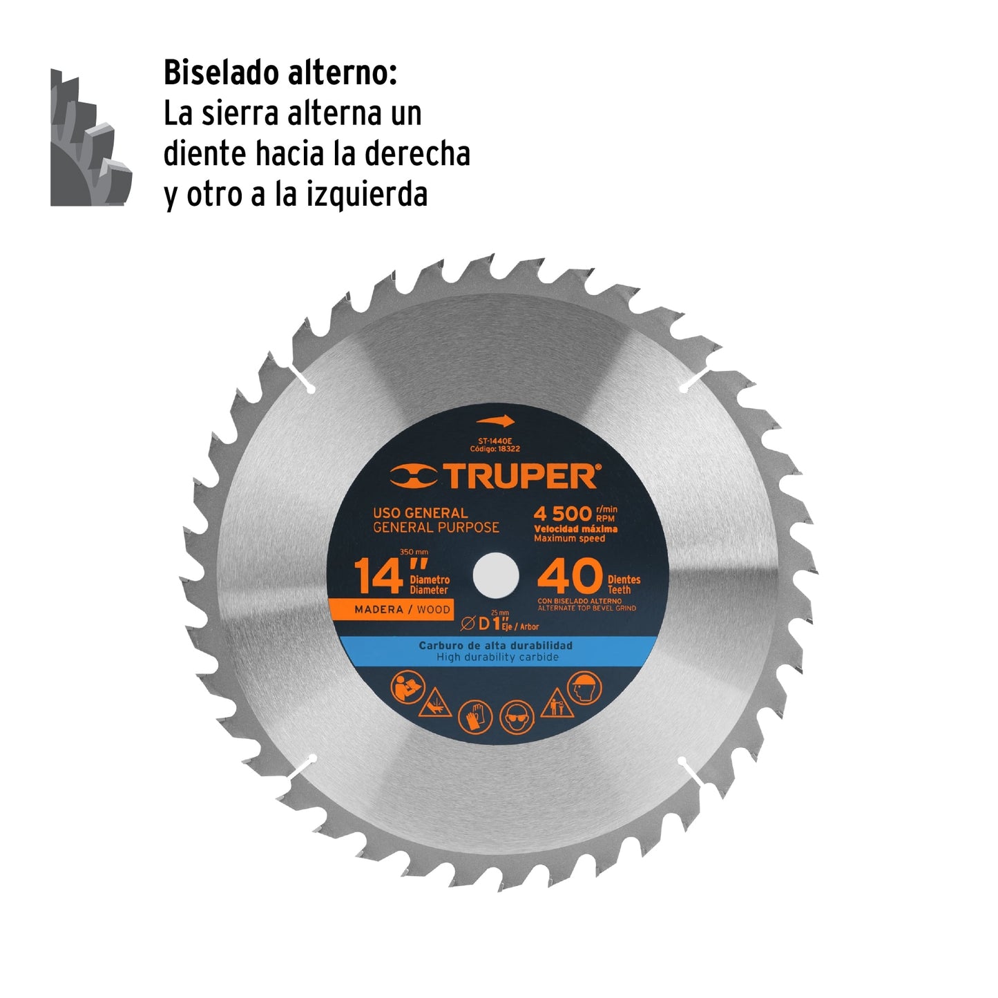 ST-1440E Disco sierra tungsteno 14", 40 dientes, centro 1"