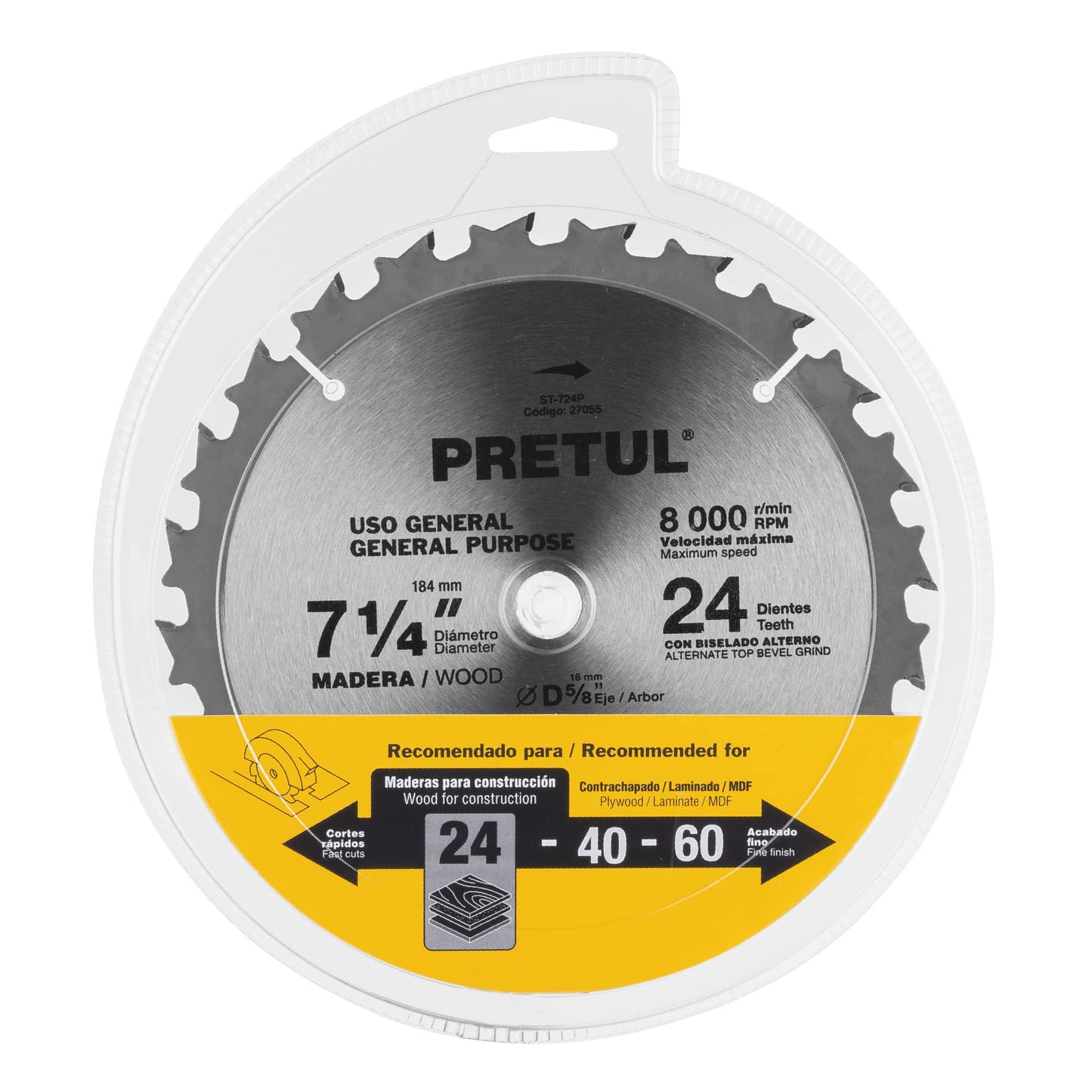 ST-724P Disco sierra p/madera 7-1/4',24 dientes, centro 5/8', Pretul