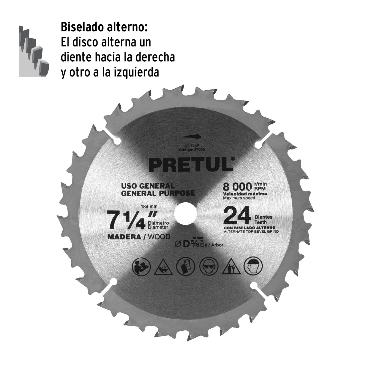 ST-724P Disco sierra p/madera 7-1/4',24 dientes, centro 5/8', Pretul