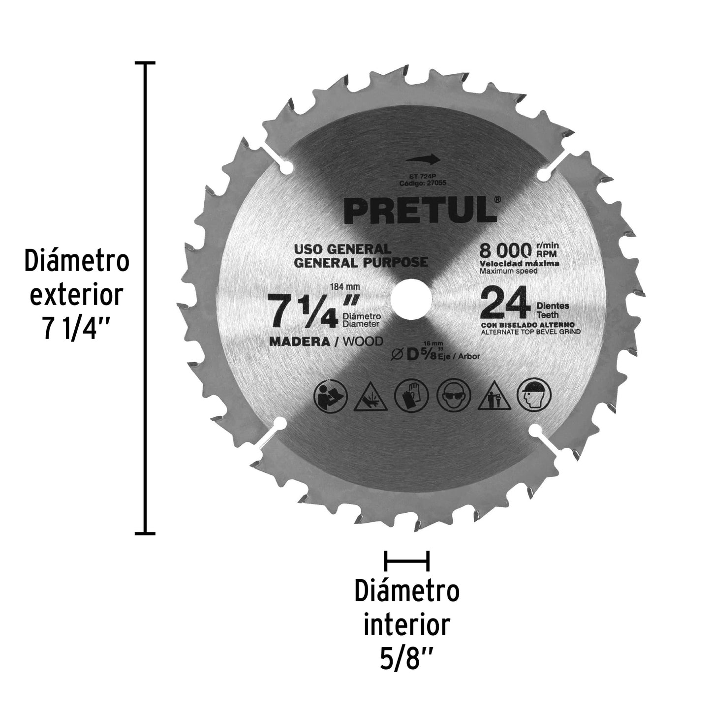 ST-724P Disco sierra p/madera 7-1/4',24 dientes, centro 5/8', Pretul